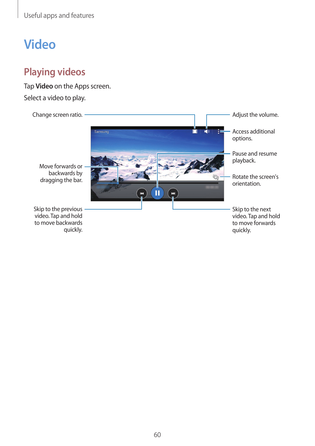 Useful apps and featuresVideoPlaying videosTap Video on the Apps screen.Select a video to play.Change screen ratio.Adjust the vo
