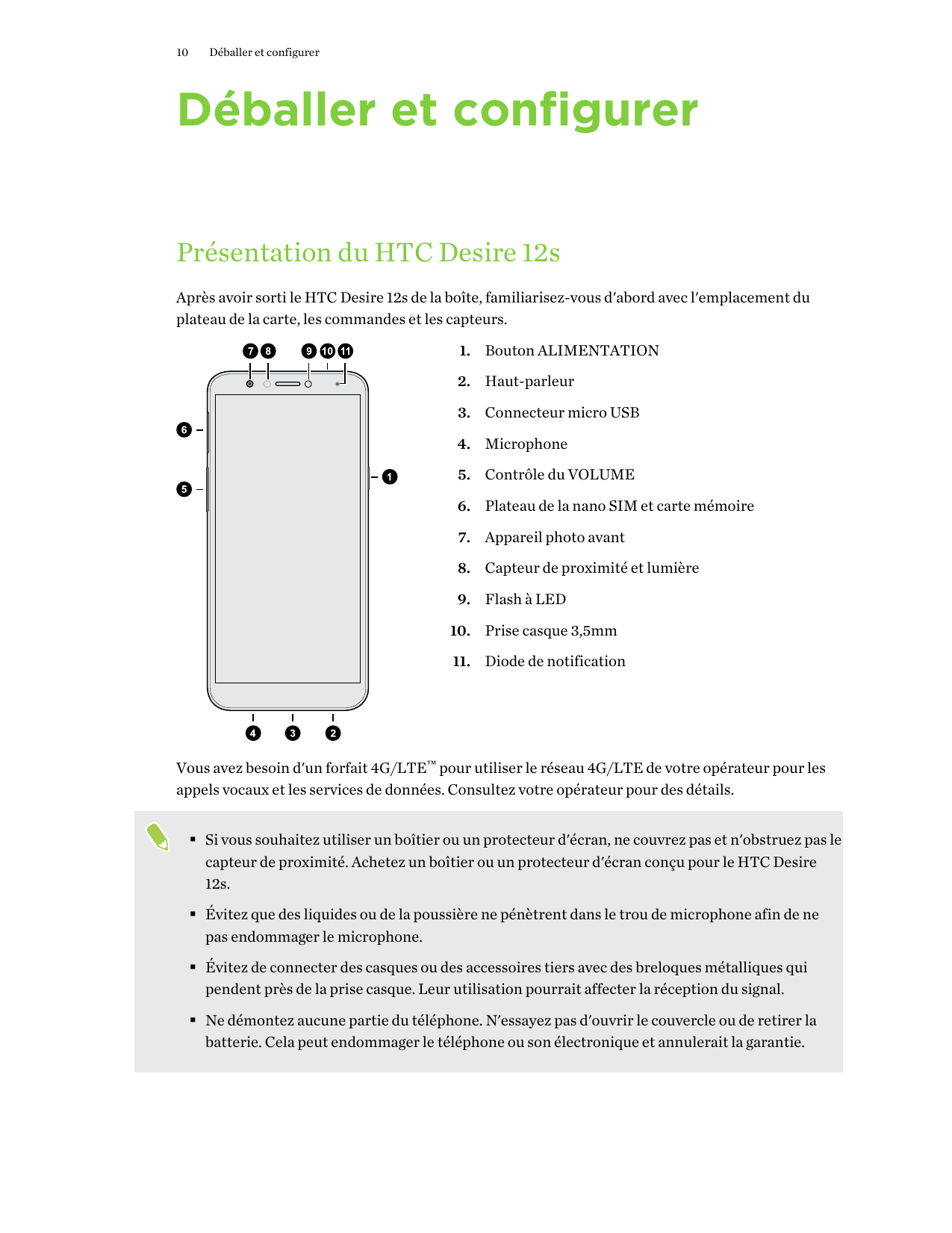 10Déballer et configurerDéballer et configurerPrésentation du HTC Desire 12sAprès avoir sorti le HTC Desire 12s de la boîte, fam