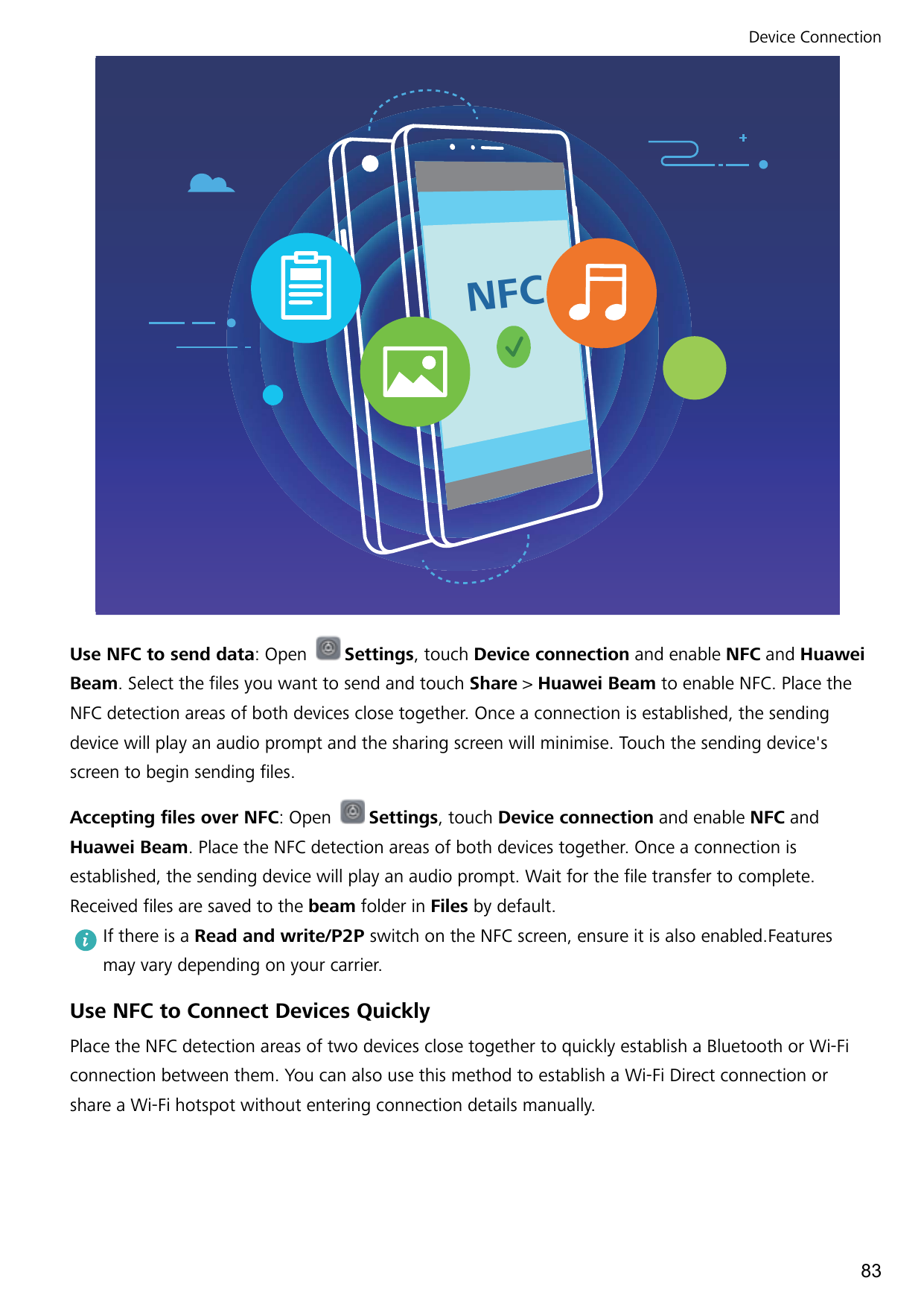 Device ConnectionNFCUse NFC to send data: OpenSettings, touch Device connection and enable NFC and HuaweiBeam. Select the files 