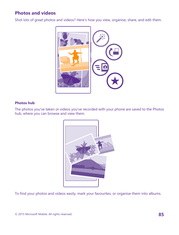 Photos and videosShot lots of great photos and videos? Here's how you view, organise, share, and edit them.Photos hubThe photos 