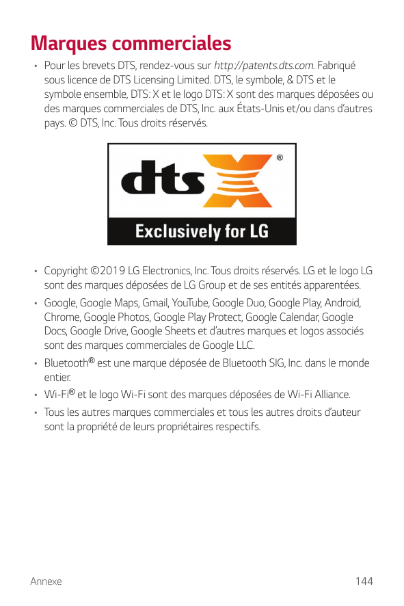 Marques commerciales• Pour les brevets DTS, rendez-vous sur http://patents.dts.com. Fabriquésous licence de DTS Licensing Limite