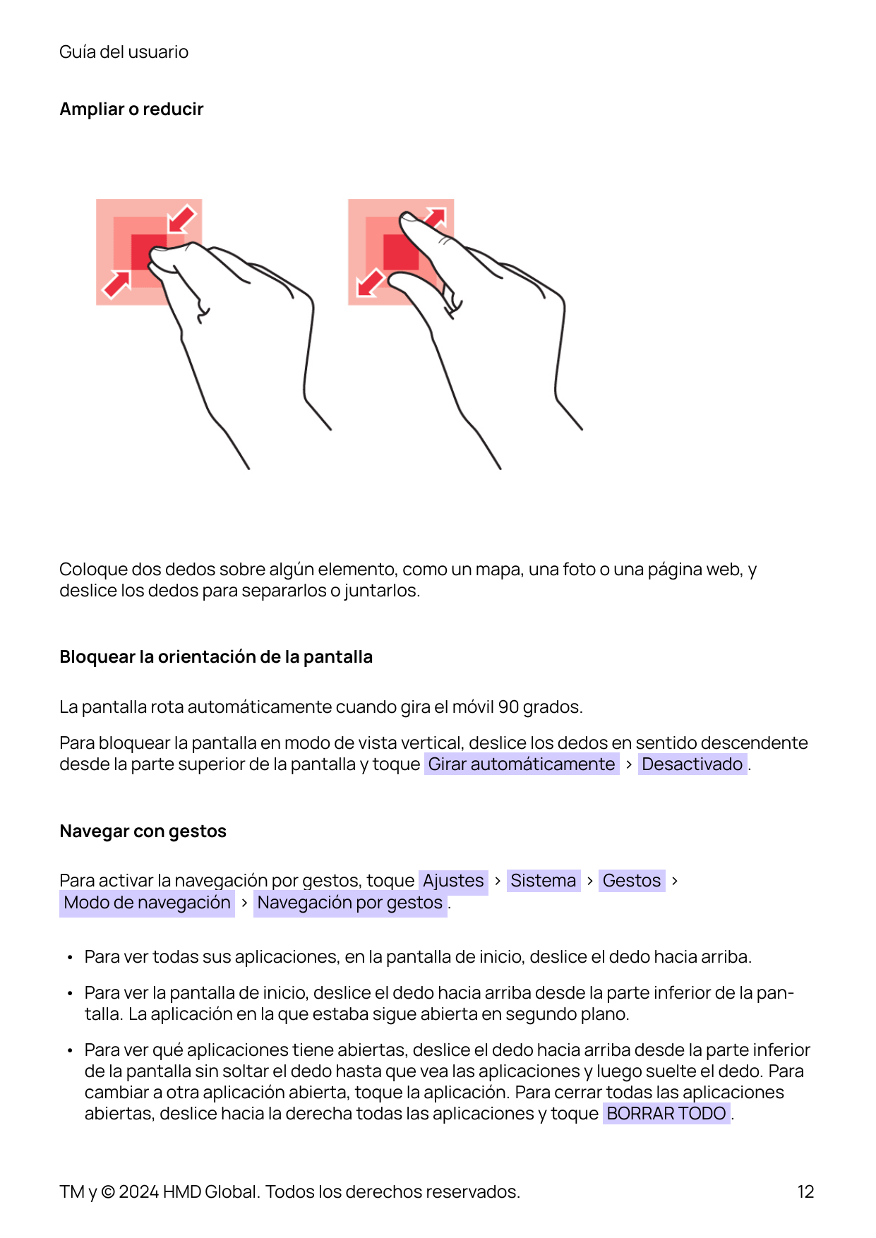 Guía del usuarioAmpliar o reducirColoque dos dedos sobre algún elemento, como un mapa, una foto o una página web, ydeslice los d