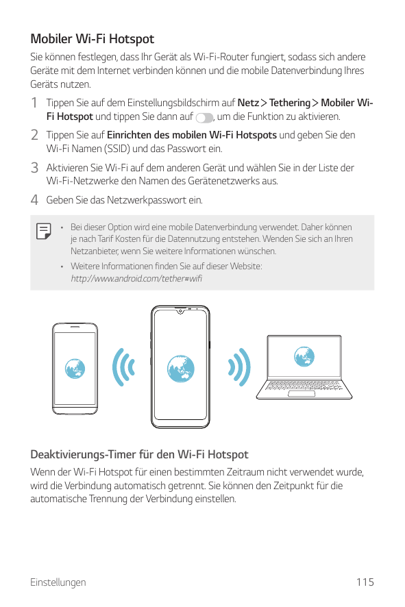 Mobiler Wi-Fi HotspotSie können festlegen, dass Ihr Gerät als Wi-Fi-Router fungiert, sodass sich andereGeräte mit dem Internet v