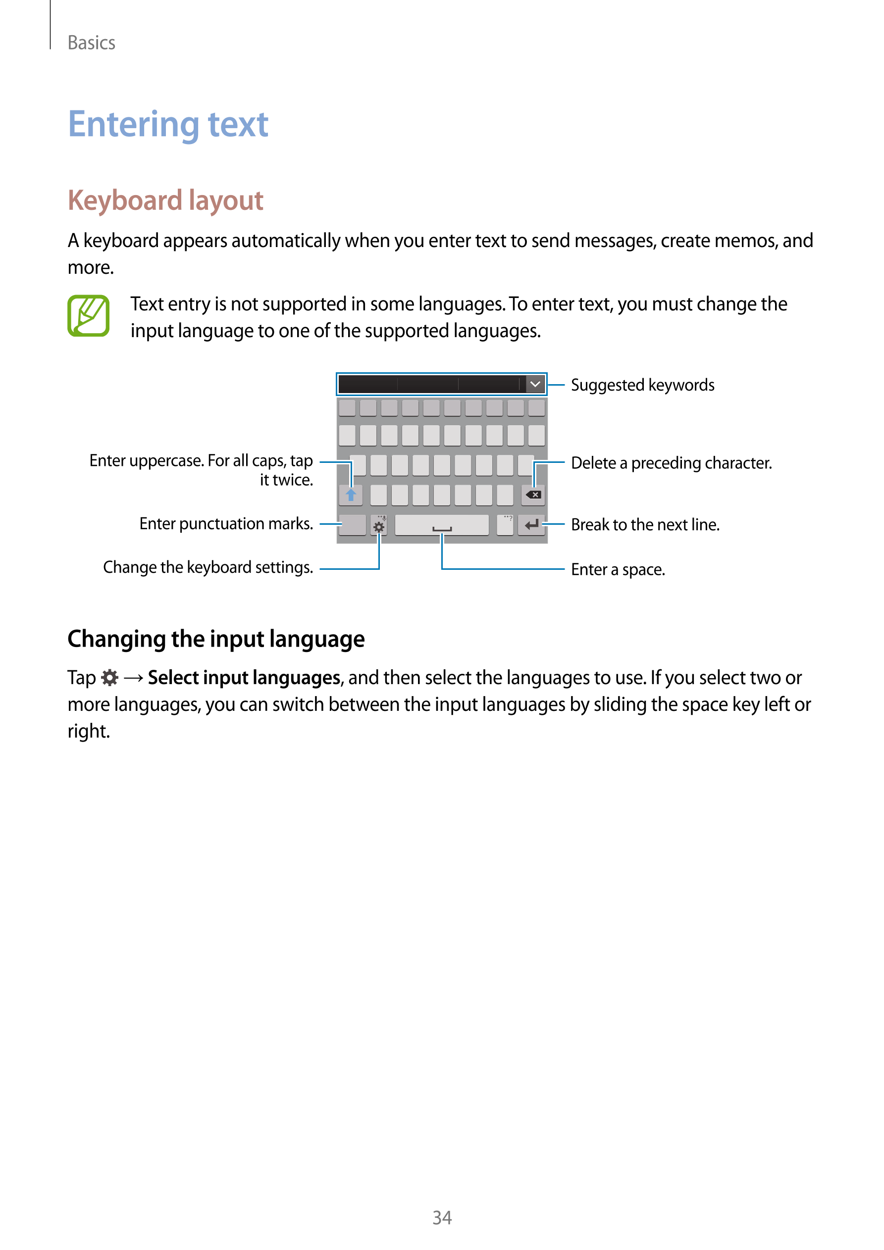 Basics
Entering text
Keyboard layout
A keyboard appears automatically when you enter text to send messages, create memos, and 
m