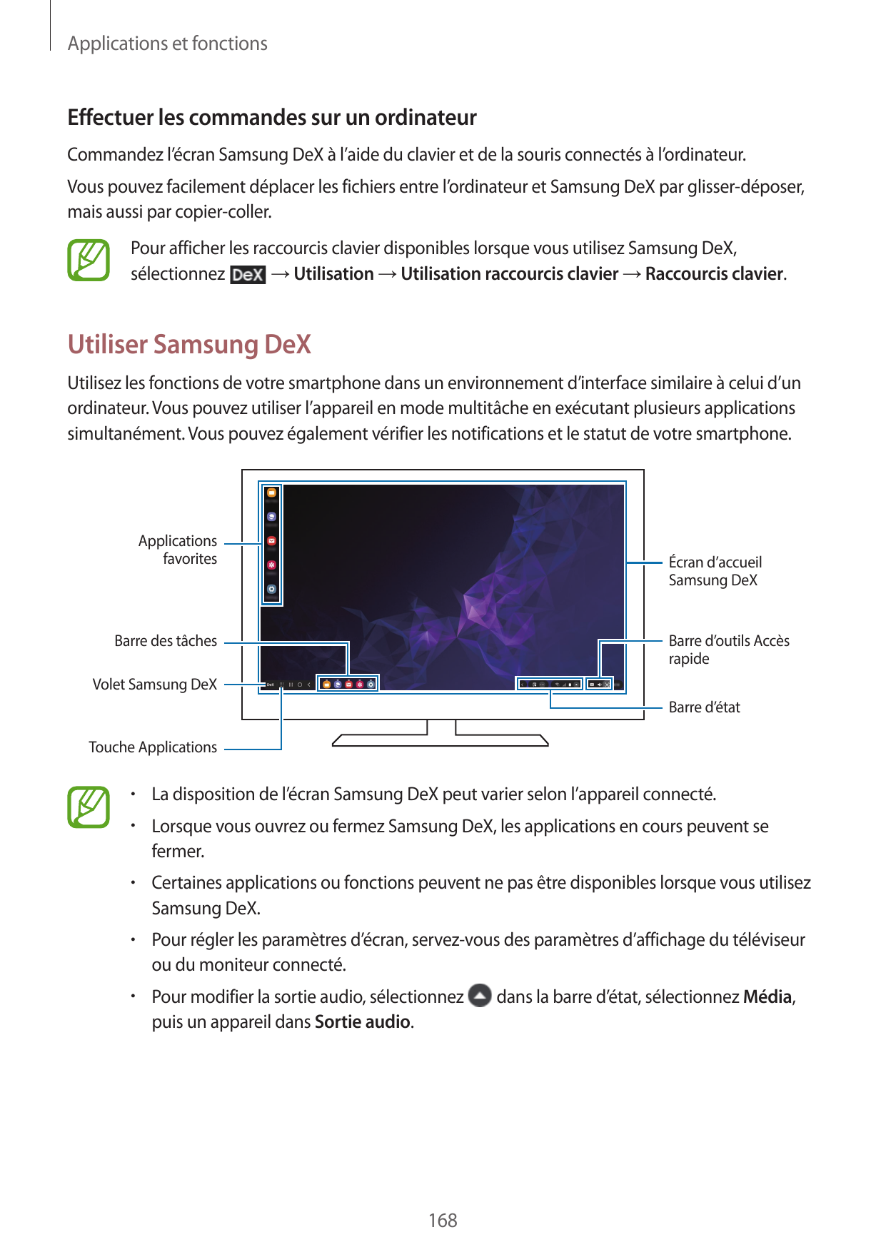Applications et fonctionsEffectuer les commandes sur un ordinateurCommandez l’écran Samsung DeX à l’aide du clavier et de la sou