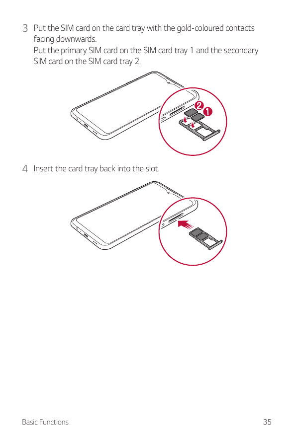 3 Put the SIM card on the card tray with the gold-coloured contactsfacing downwards.Put the primary SIM card on the SIM card tra