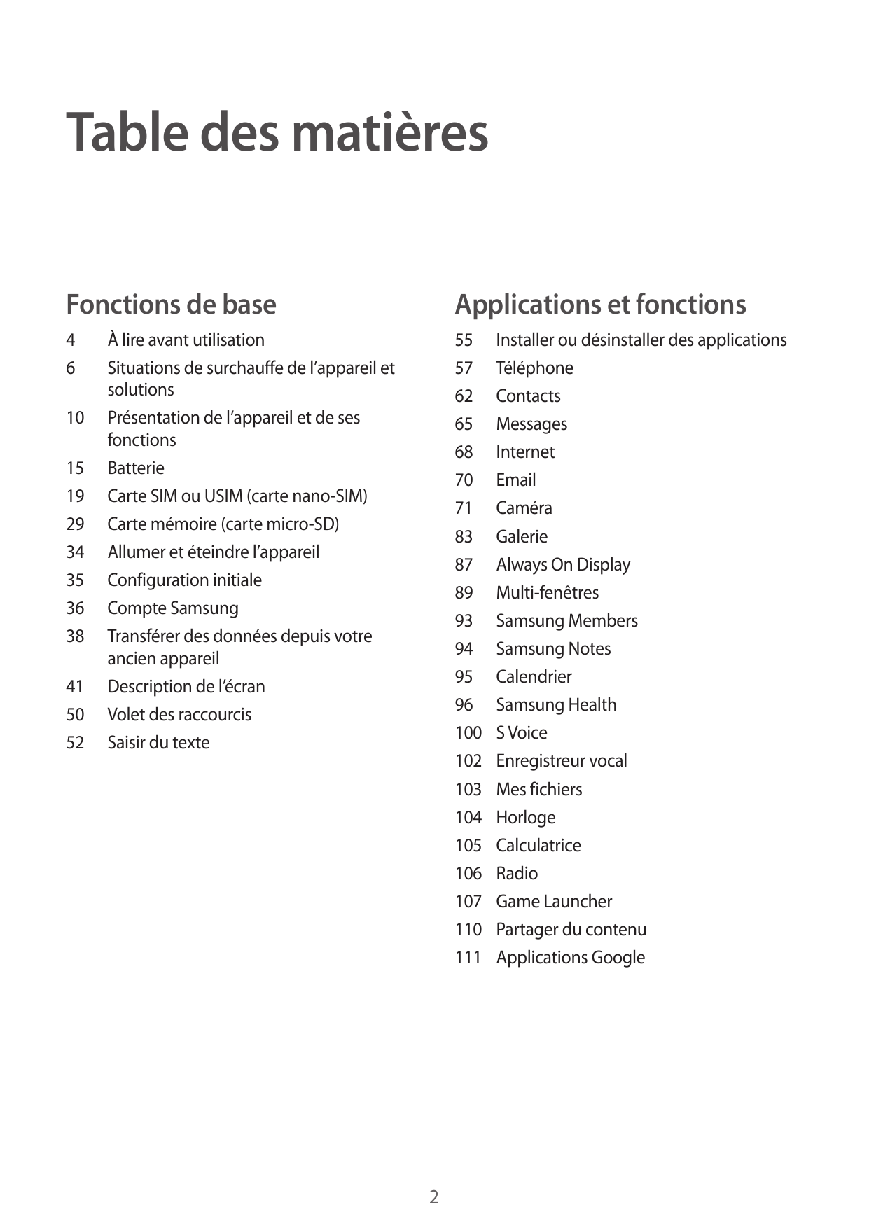 Table des matièresFonctions de baseApplications et fonctions4655 Installer ou désinstaller des applications57Téléphone62Contacts