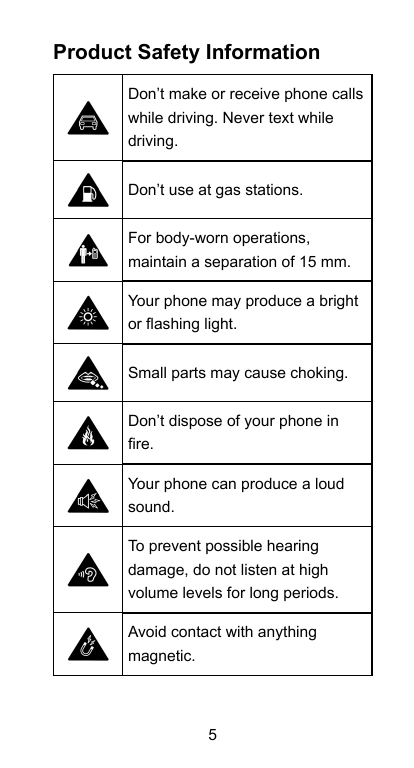 Product Safety InformationDon’t make or receive phone callswhile driving. Never text whiledriving.Don’t use at gas stations.For 