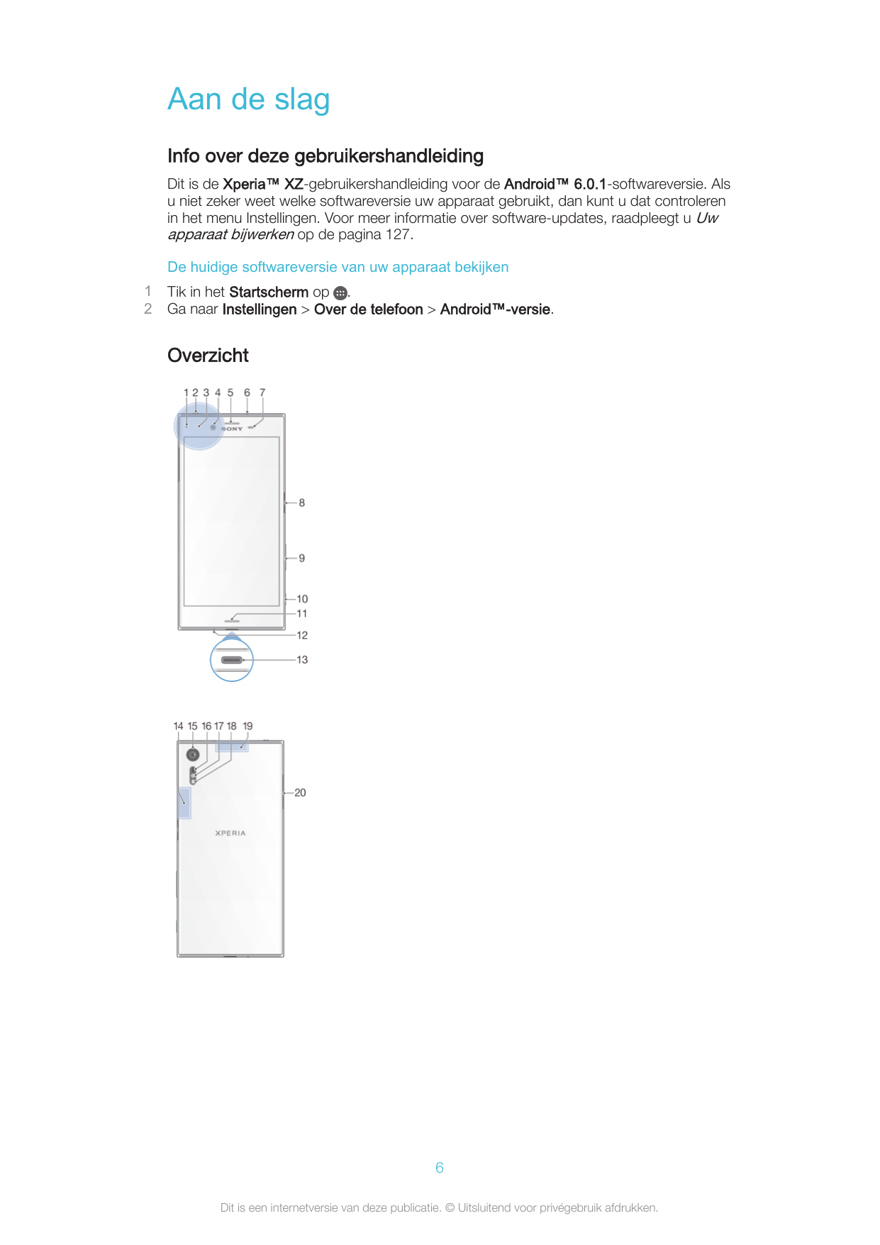 Aan de slagInfo over deze gebruikershandleidingDit is de Xperia™ XZ-gebruikershandleiding voor de Android™ 6.0.1-softwareversie.