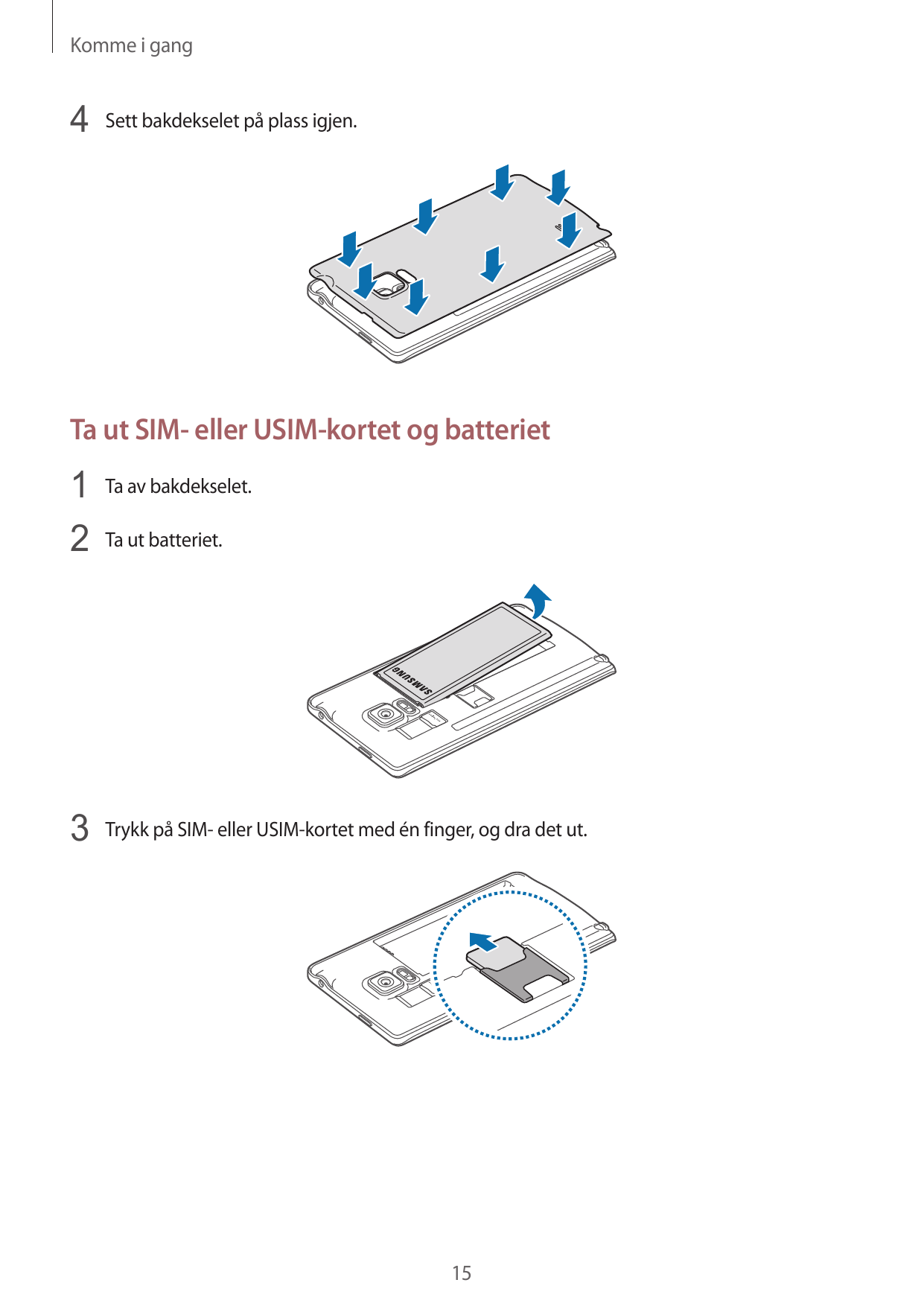 Komme i gang4 Sett bakdekselet på plass igjen.Ta ut SIM- eller USIM-kortet og batteriet1 Ta av bakdekselet.2 Ta ut batteriet.3 T