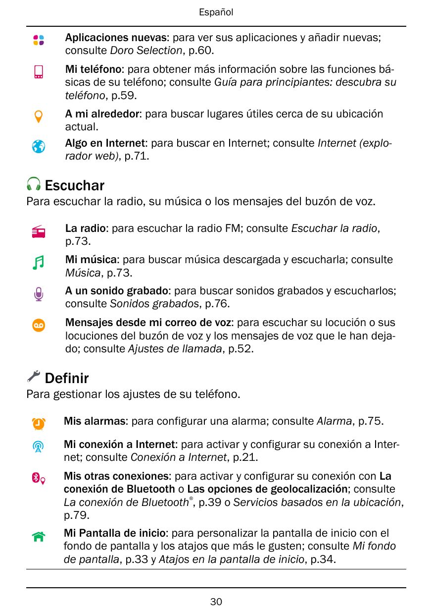 EspañolAplicaciones nuevas: para ver sus aplicaciones y añadir nuevas;consulte Doro Selection, p.60.Mi teléfono: para obtener má
