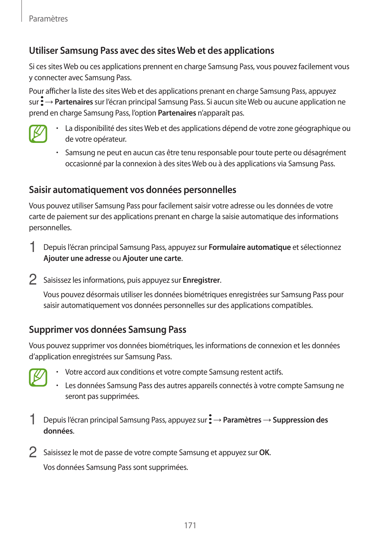 ParamètresUtiliser Samsung Pass avec des sites Web et des applicationsSi ces sites Web ou ces applications prennent en charge Sa