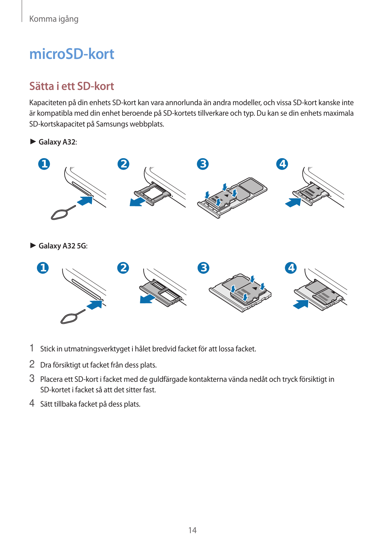 Komma igångmicroSD-kortSätta i ett SD-kortKapaciteten på din enhets SD-kort kan vara annorlunda än andra modeller, och vissa SD-