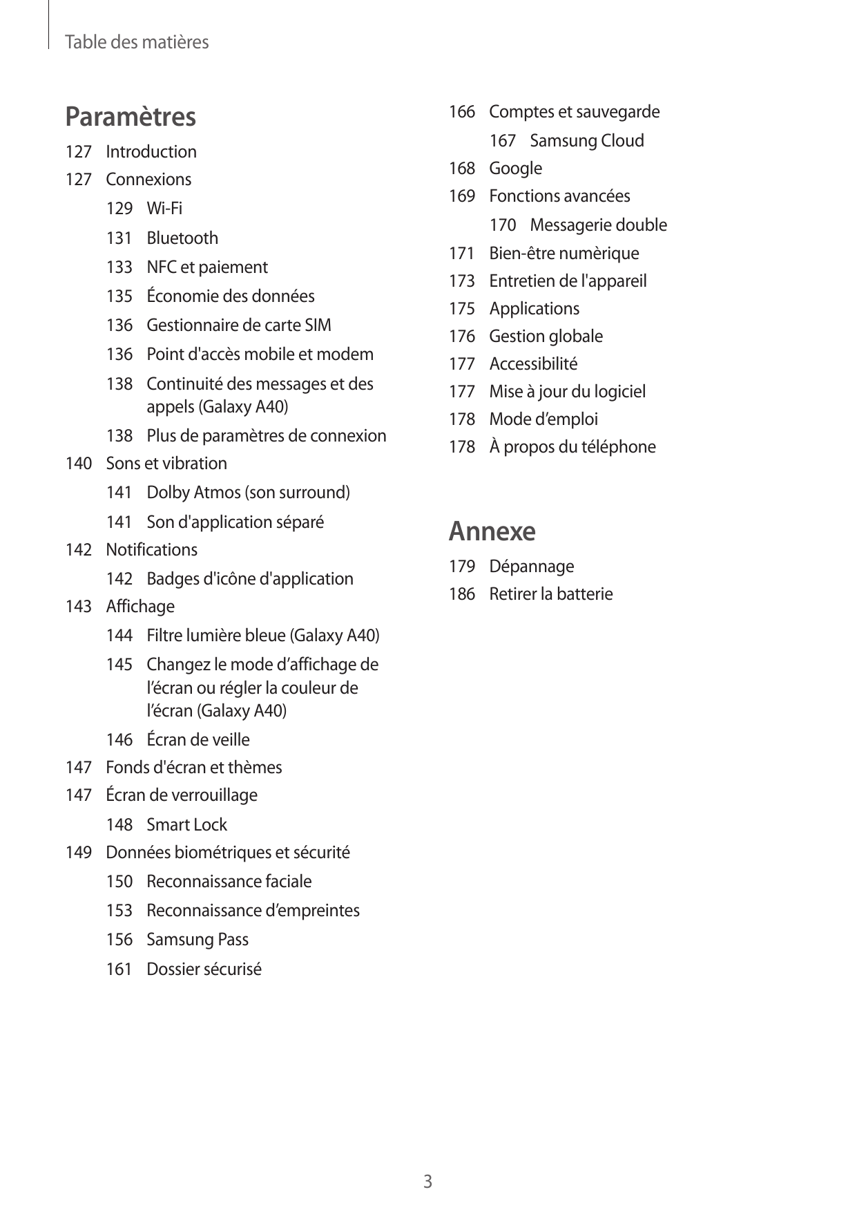 Table des matièresParamètres166 Comptes et sauvegarde167 Samsung Cloud168Google169 Fonctions avancées127Introduction127Connexion