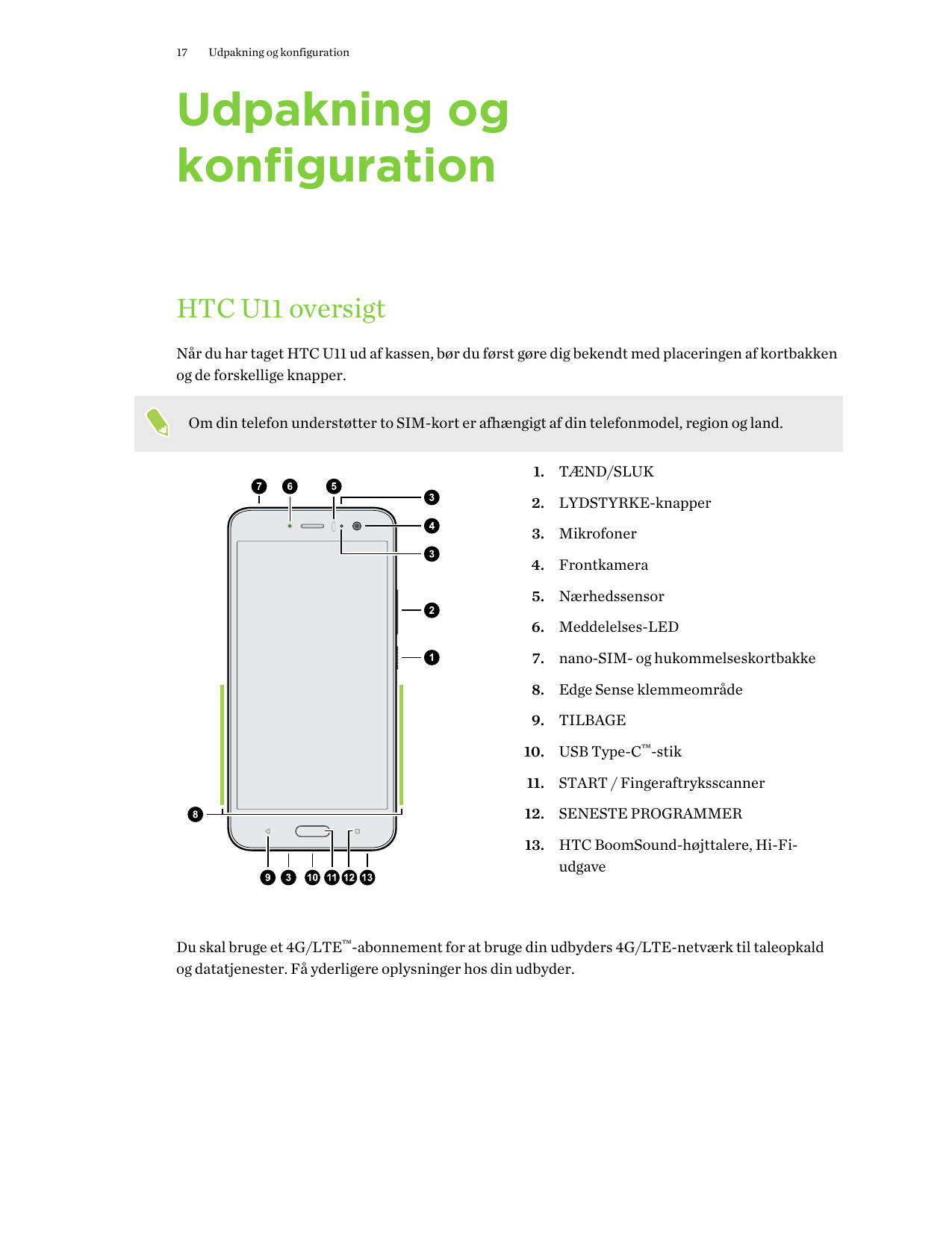 17Udpakning og konfigurationUdpakning ogkonfigurationHTC U11 oversigtNår du har taget HTC U11 ud af kassen, bør du først gøre di