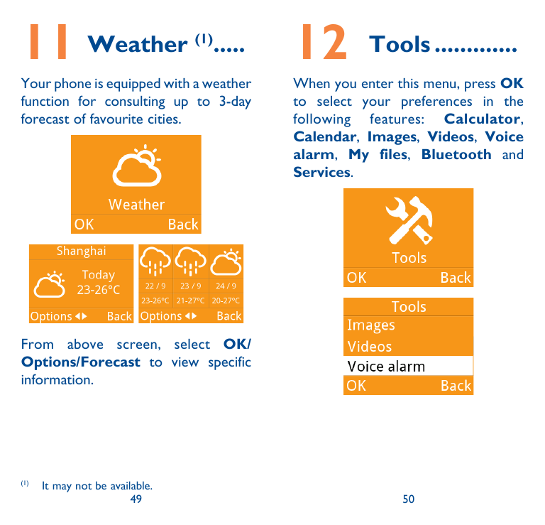 11Weather......(1)Your phone is equipped with a weatherfunction for consulting up to 3-dayforecast of favourite cities.12Tools..