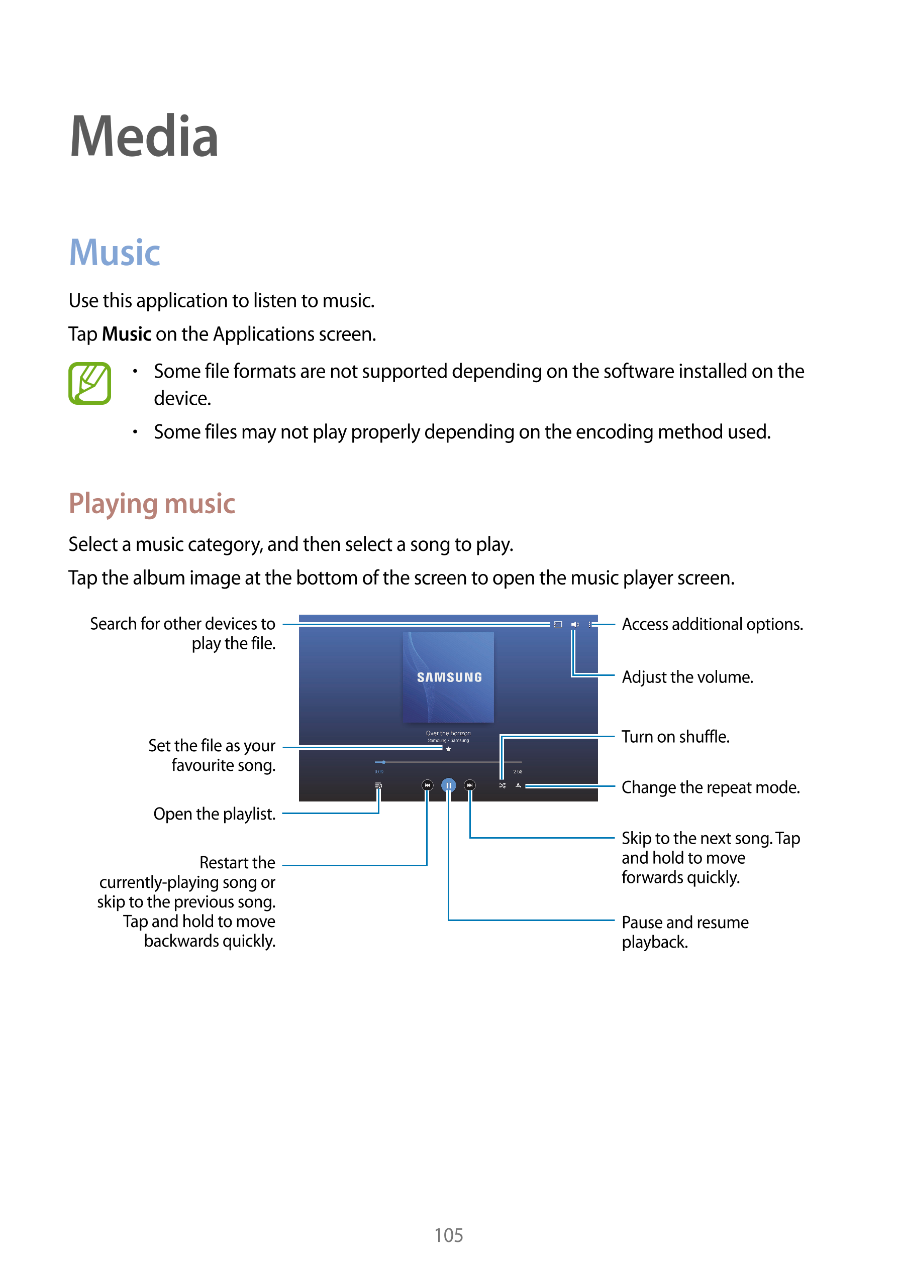 Media
Music
Use this application to listen to music.
Tap  Music on the Applications screen.
•    Some file formats are not suppo