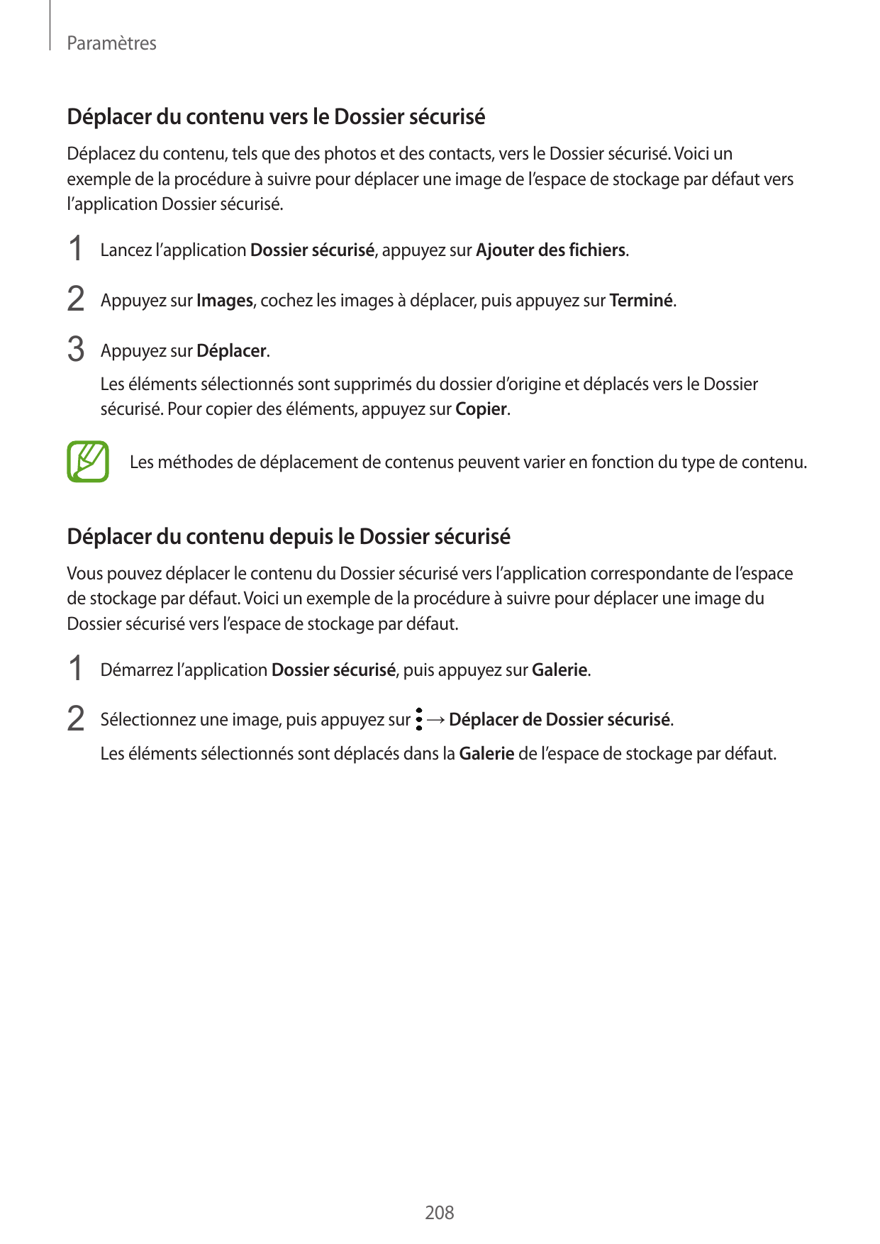 ParamètresDéplacer du contenu vers le Dossier sécuriséDéplacez du contenu, tels que des photos et des contacts, vers le Dossier 