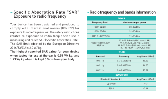 ~S pecific Absorption Rate "SAR"Exposure to radio frequencyYour device has been designed and produced tocomply with internationa