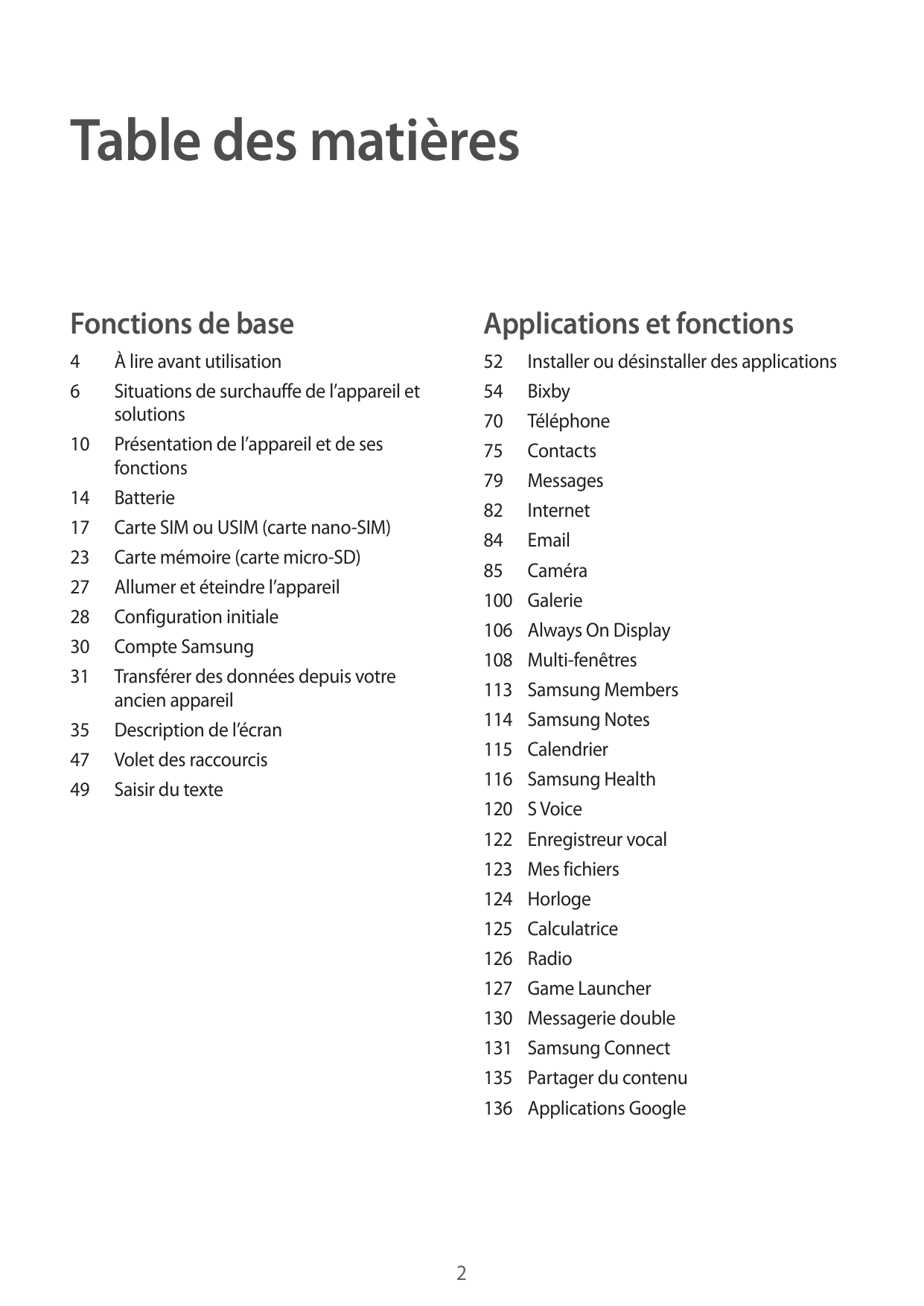 Table des matièresFonctions de baseApplications et fonctions4652 Installer ou désinstaller des applications54Bixby70Téléphone75C