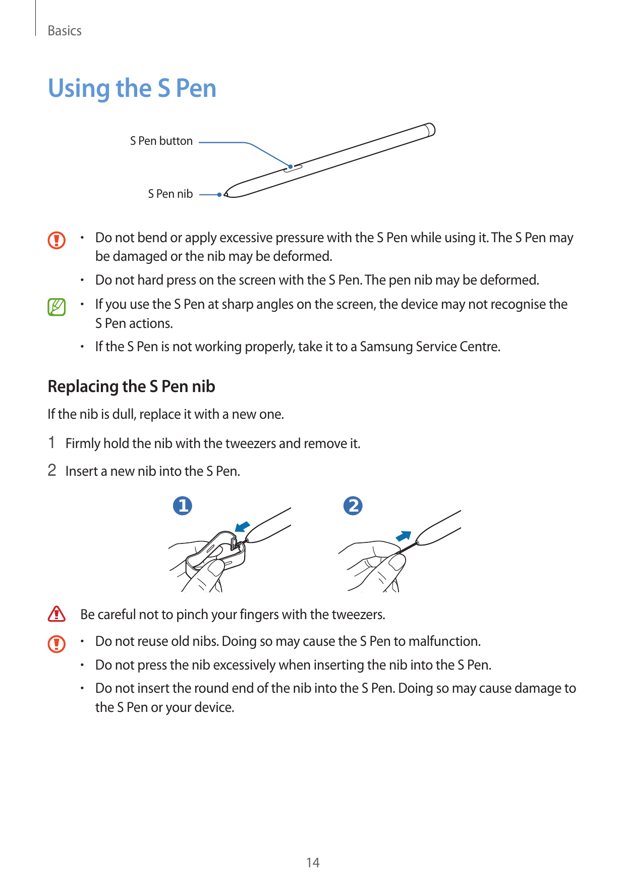 BasicsUsing the S PenS Pen buttonS Pen nib• Do not bend or apply excessive pressure with the S Pen while using it. The S Pen may