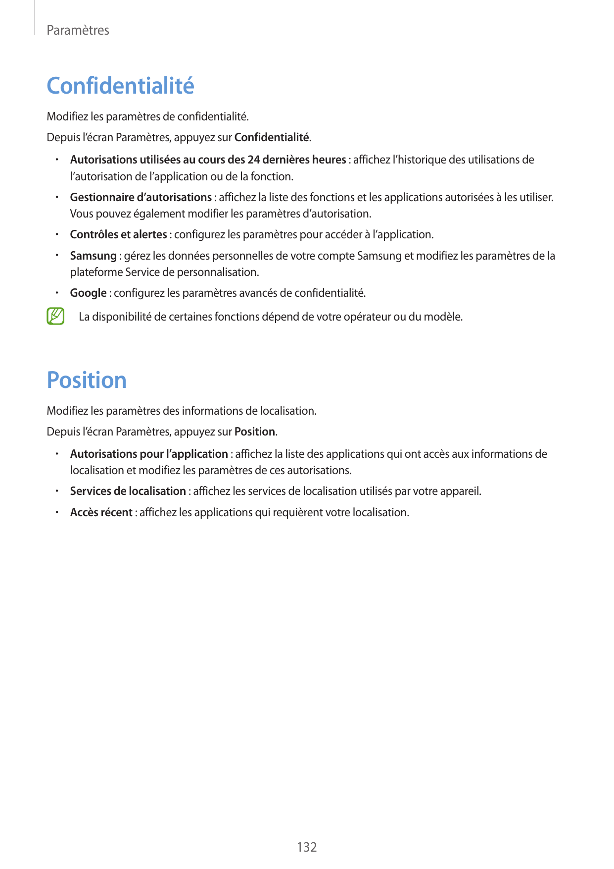 ParamètresConfidentialitéModifiez les paramètres de confidentialité.Depuis l’écran Paramètres, appuyez sur Confidentialité.•  Au