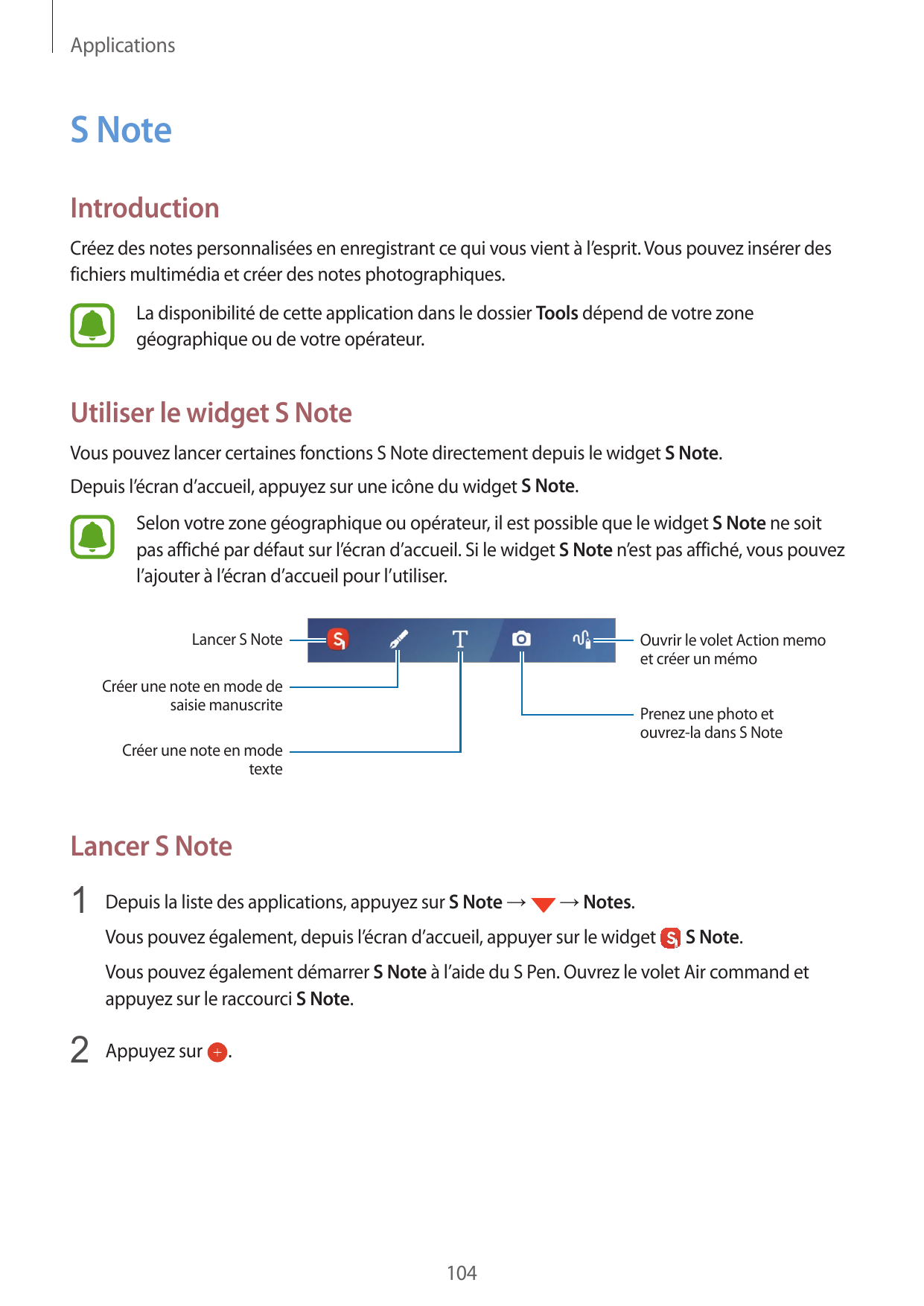 ApplicationsS NoteIntroductionCréez des notes personnalisées en enregistrant ce qui vous vient à l’esprit. Vous pouvez insérer d