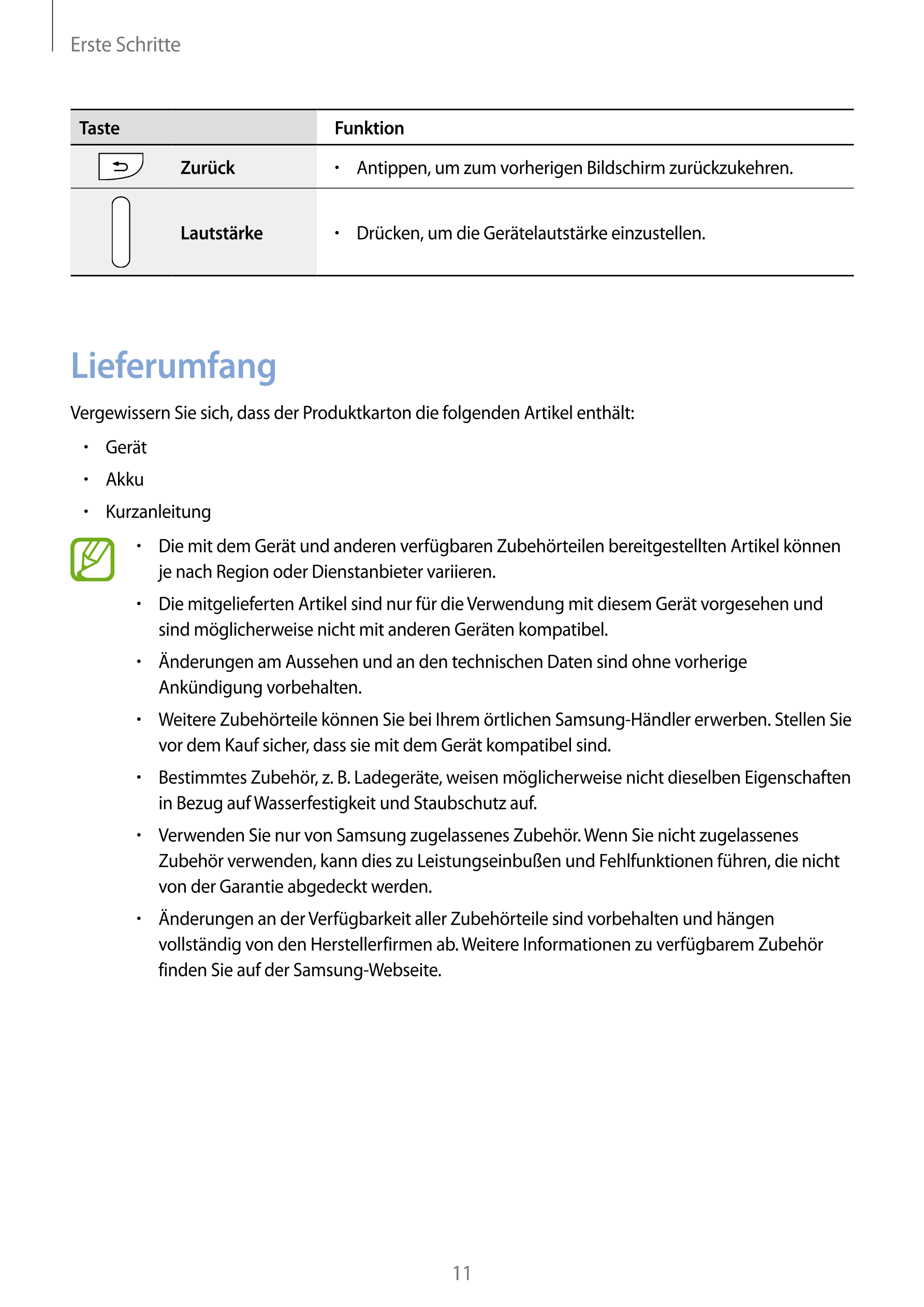 Erste Schritte
Taste Funktion
Zurück •    Antippen, um zum vorherigen Bildschirm zurückzukehren.
Lautstärke •    Drücken, um die