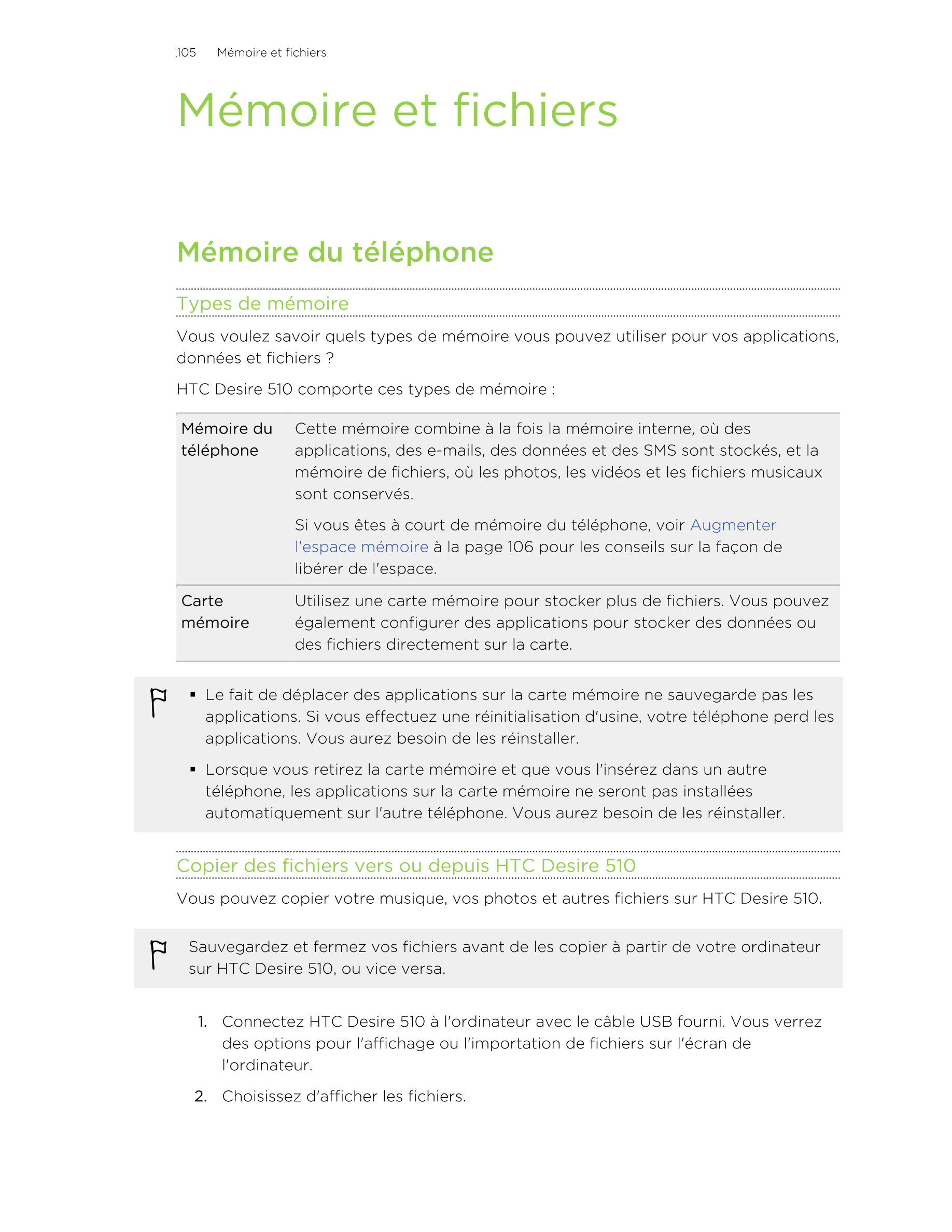 105      Mémoire et fichiers
Mémoire et fichiers
Mémoire du téléphone
Types de mémoire
Vous voulez savoir quels types de mémoire