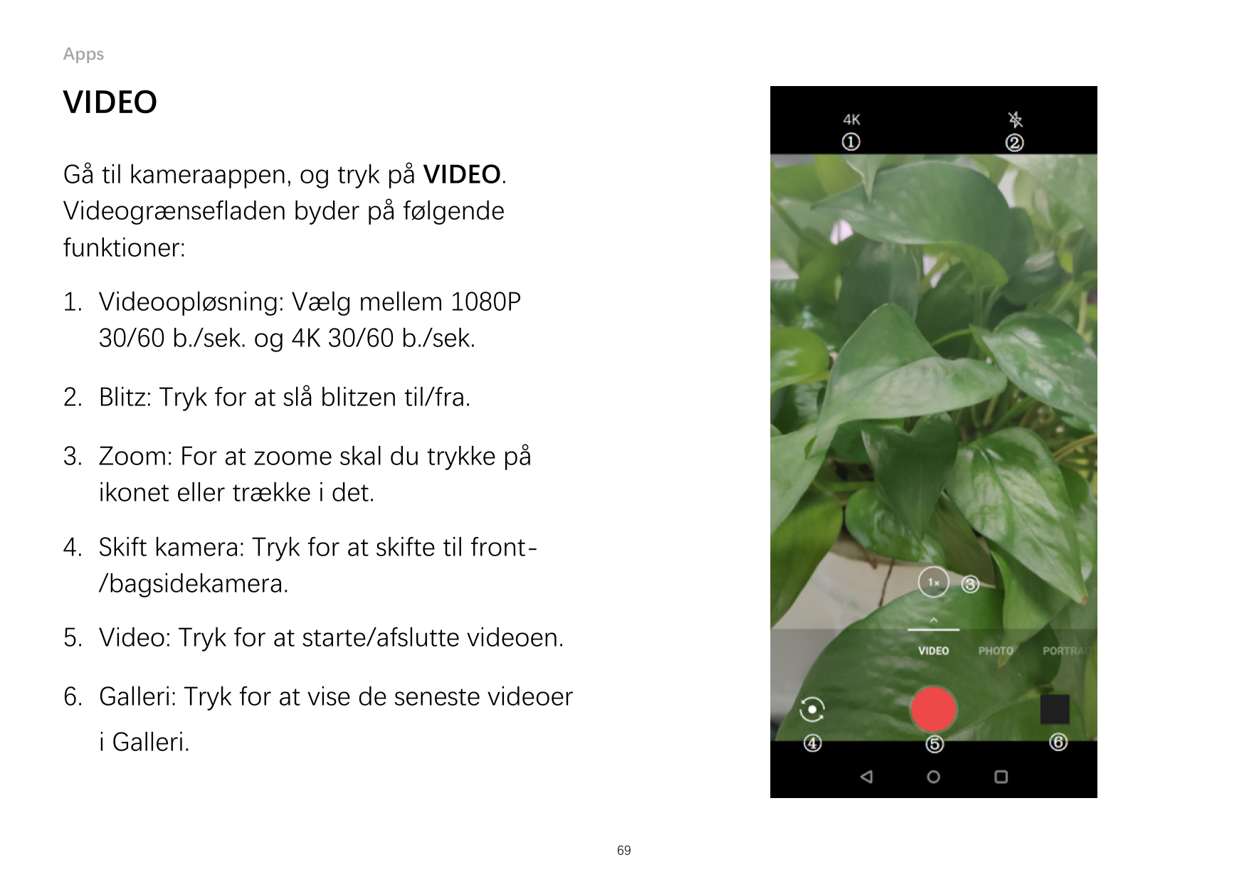 AppsVIDEOGå til kameraappen, og tryk på VIDEO.Videogrænsefladen byder på følgendefunktioner:1. Videoopløsning: Vælg mellem 1080P
