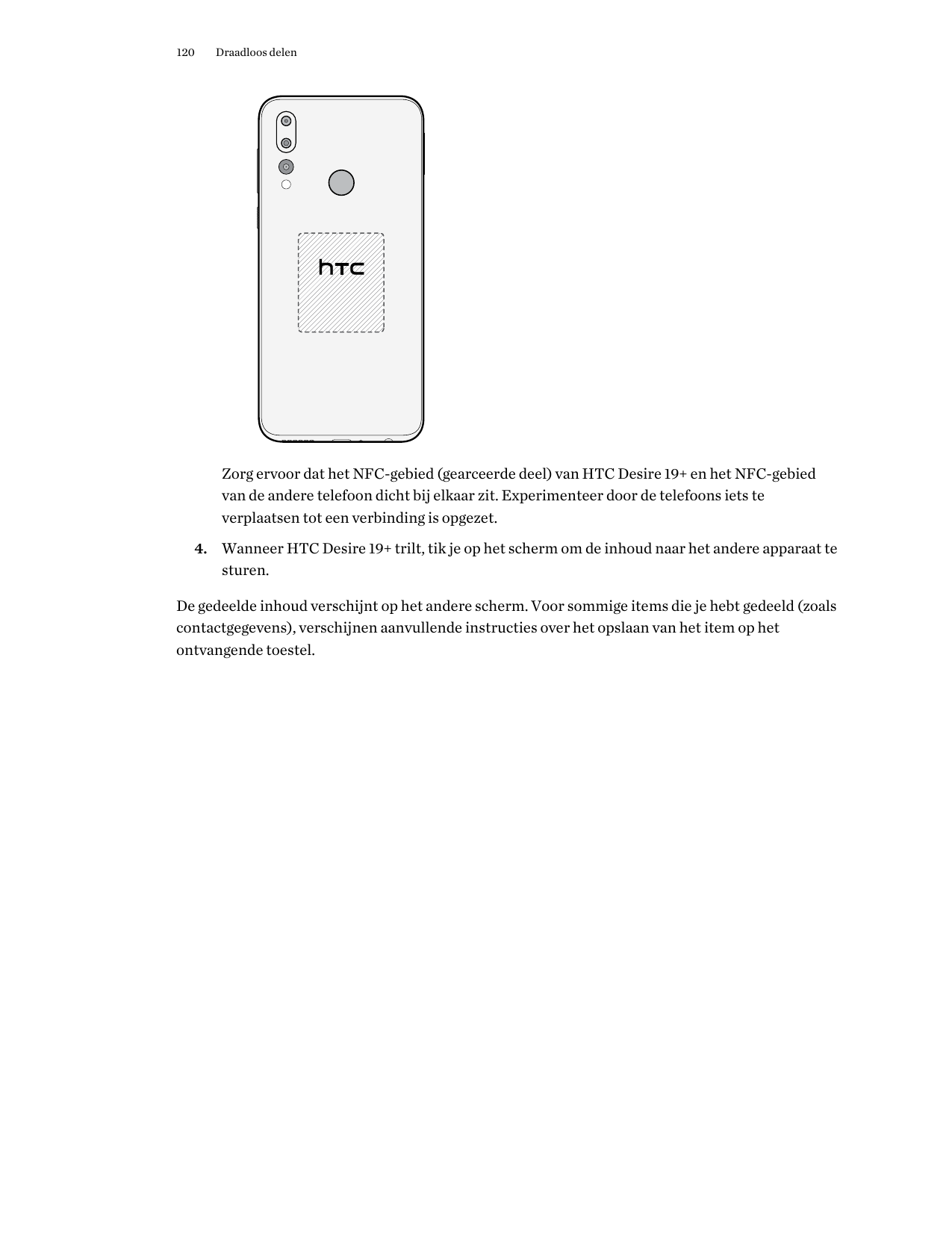 120Draadloos delenZorg ervoor dat het NFC-gebied (gearceerde deel) van HTC Desire 19+ en het NFC-gebiedvan de andere telefoon di