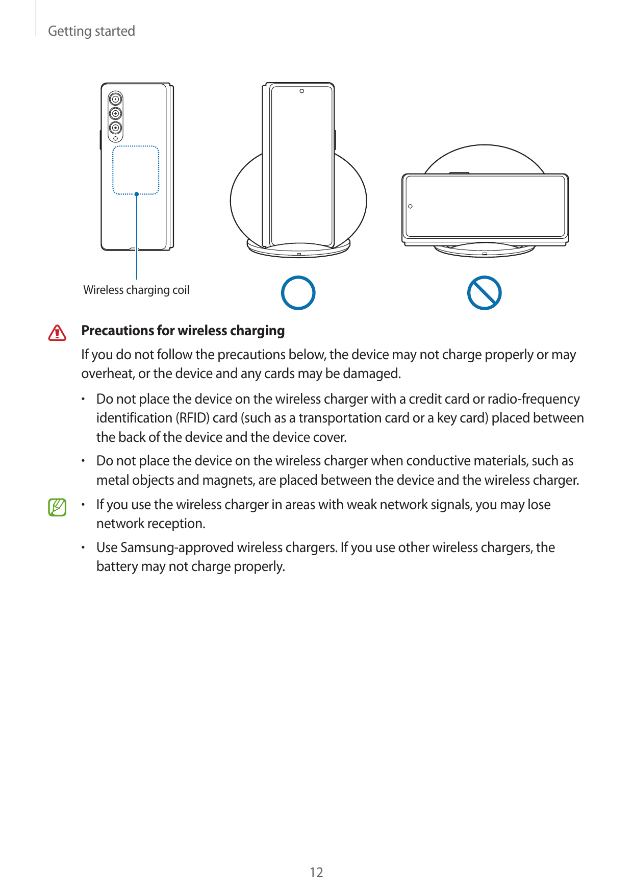 Getting startedWireless charging coilPrecautions for wireless chargingIf you do not follow the precautions below, the device may