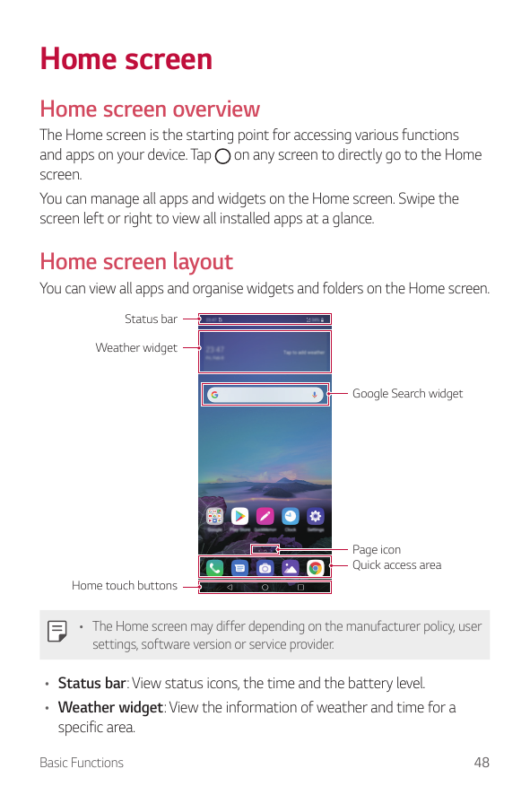 Home screenHome screen overviewThe Home screen is the starting point for accessing various functionsand apps on your device. Tap