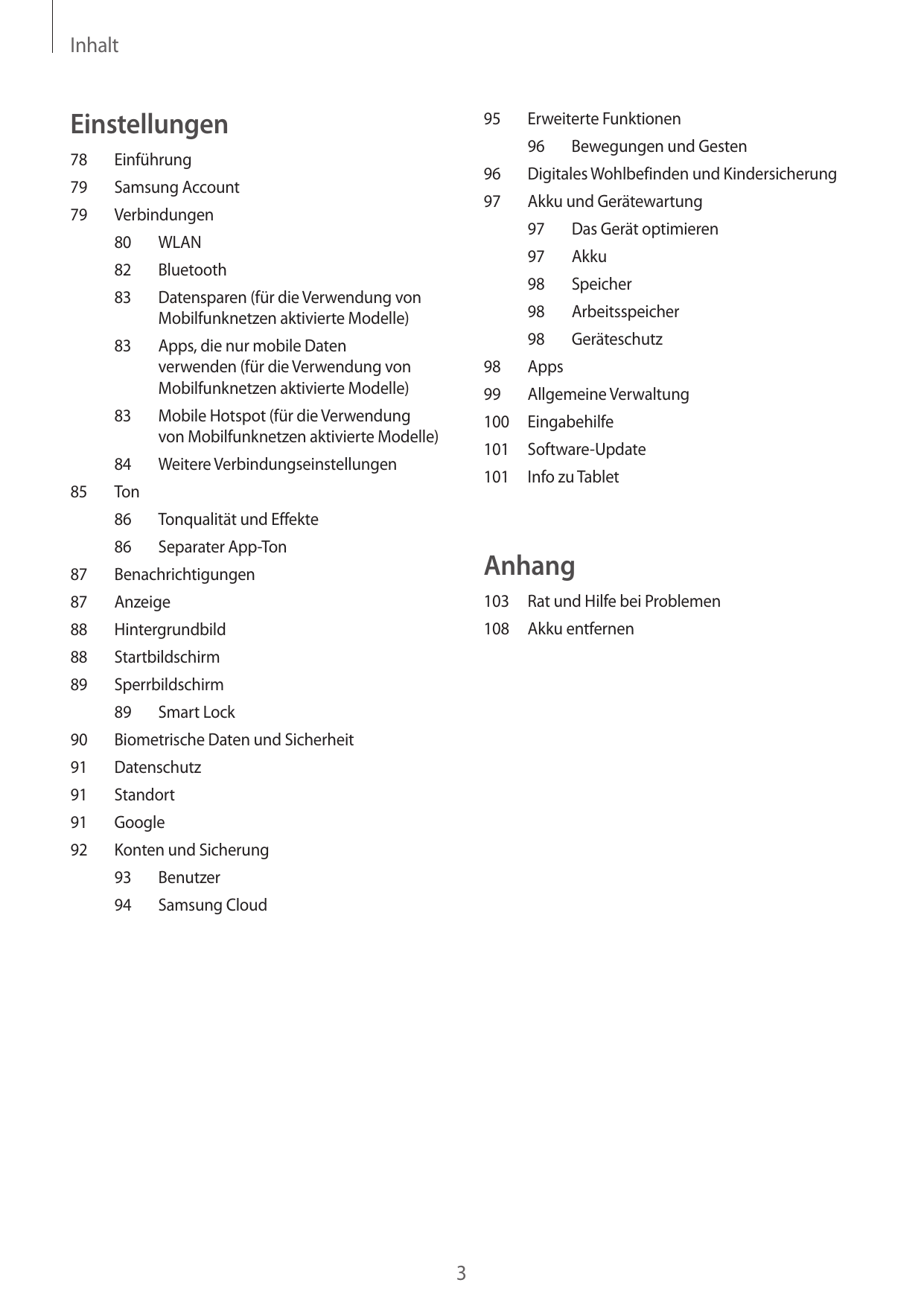 InhaltEinstellungen959678Einführung79Erweiterte FunktionenSamsung Account79VerbindungenBewegungen und Gesten96Digitales Wohlbefi