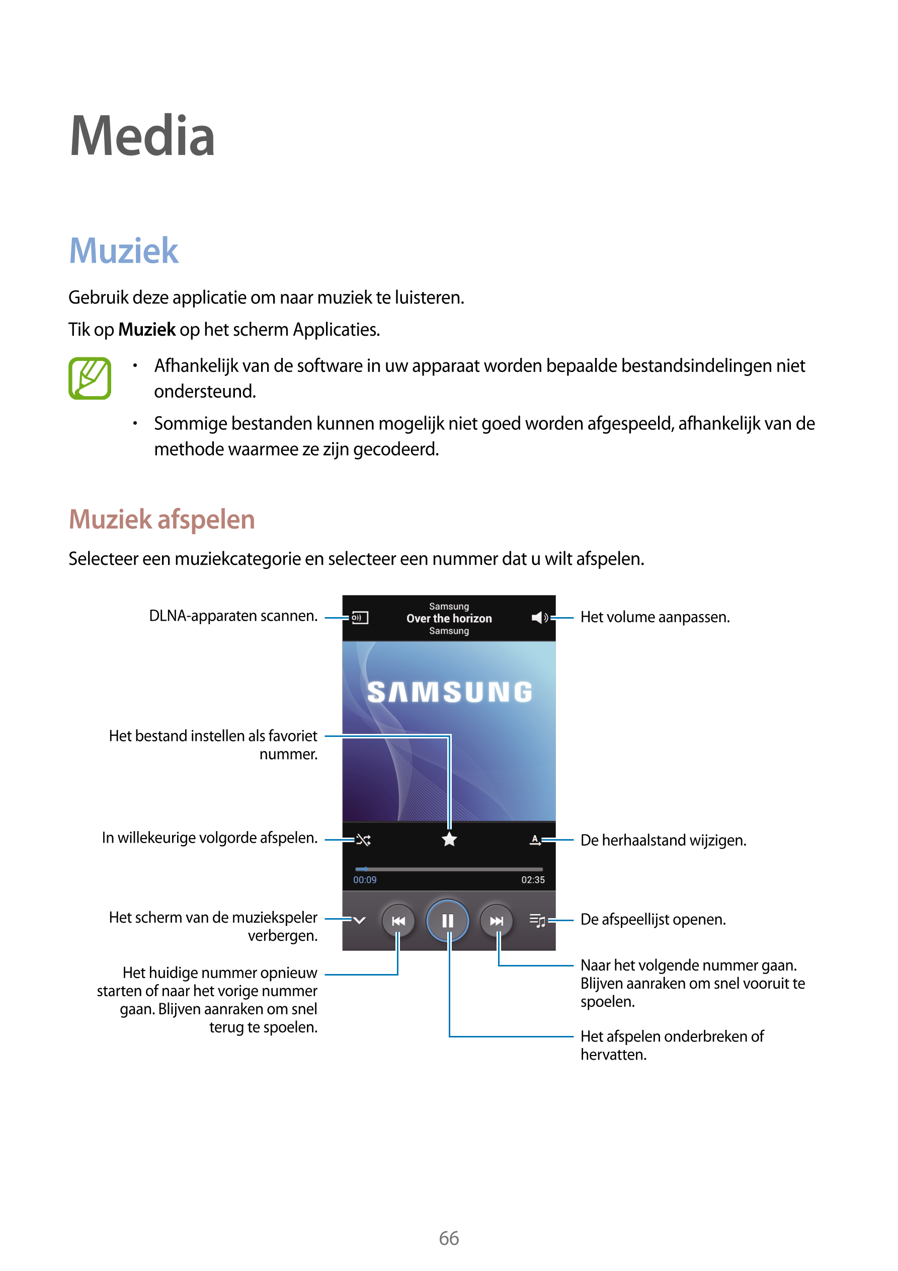 Media
Muziek
Gebruik deze applicatie om naar muziek te luisteren.
Tik op  Muziek op het scherm Applicaties.
•    Afhankelijk van