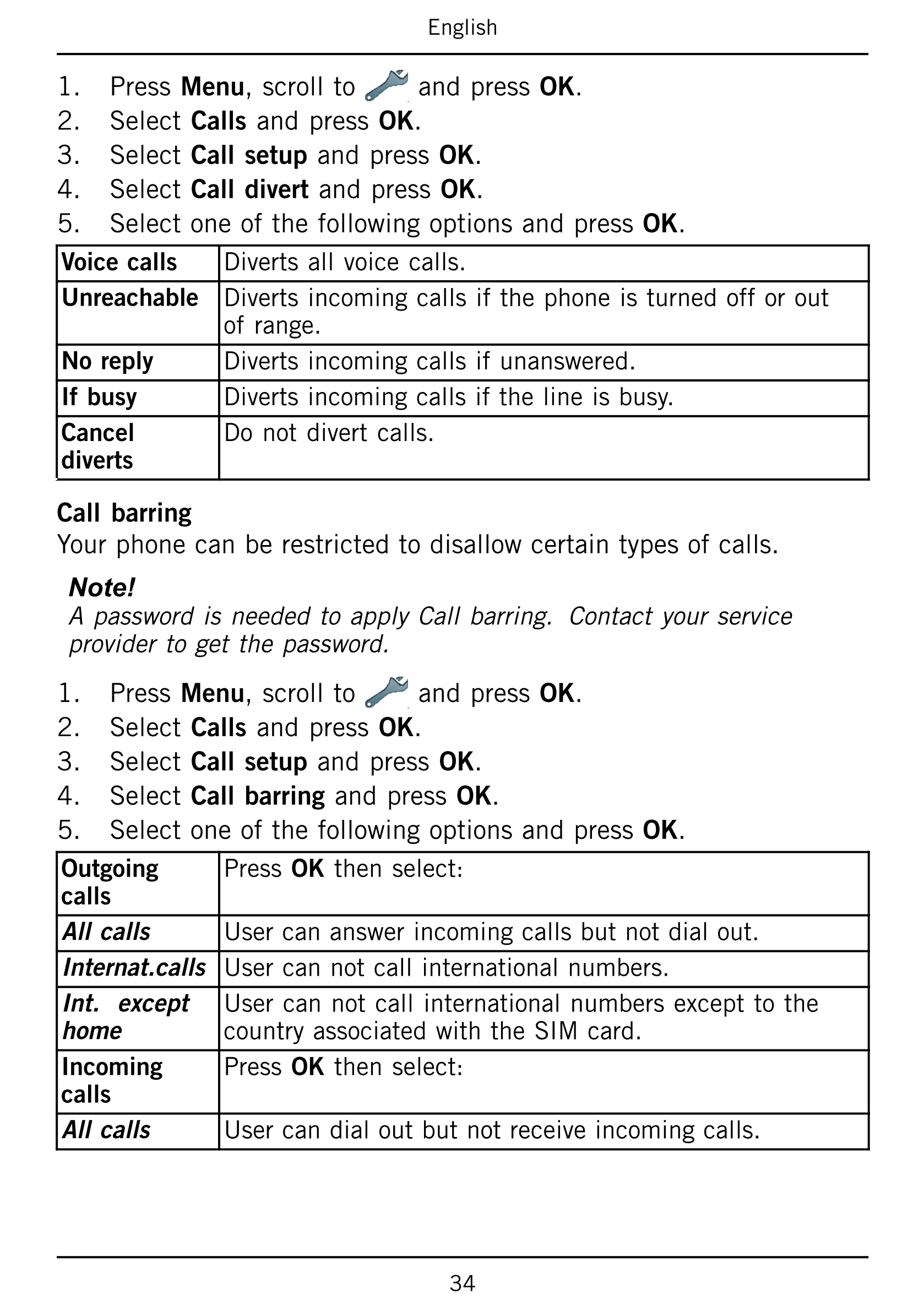 English
1.     Press Menu, scroll to and press OK.
2.     Select Calls and press OK.
3.     Select Call setup and press OK.
4.  