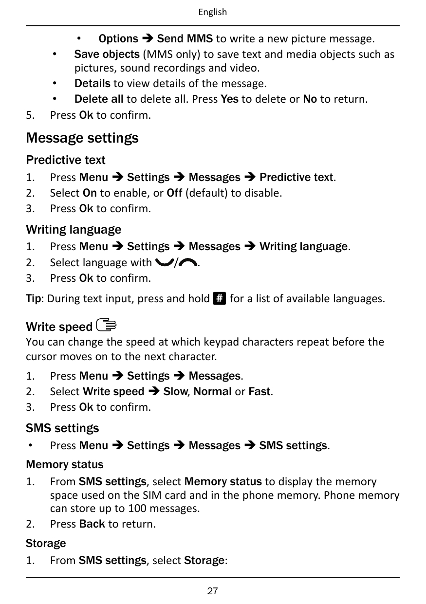 English5.• Options � Send MMS to write a new picture message.• Save objects (MMS only) to save text and media objects such aspic