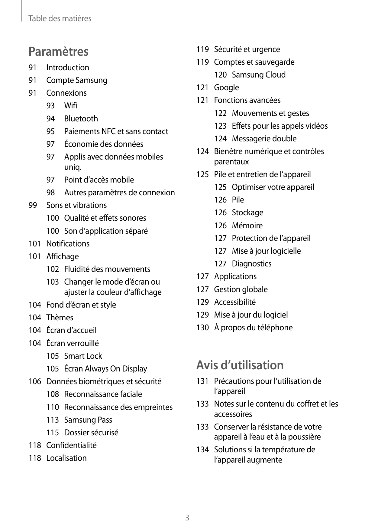 Table des matièresParamètres119 Sécurité et urgence119 Comptes et sauvegarde120 Samsung Cloud121Google121 Fonctions avancées122 