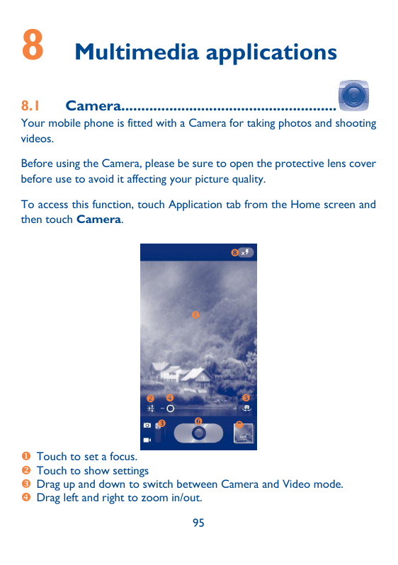 8Multimedia applications8.1Camera......................................................Your mobile phone is fitted with a Camera