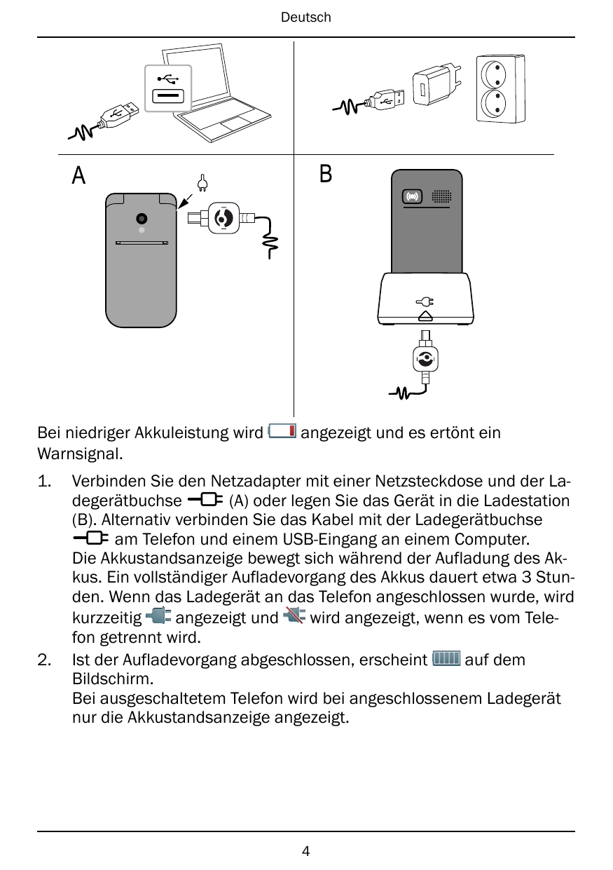 DeutschBABei niedriger Akkuleistung wirdWarnsignal.1.2.angezeigt und es ertönt einVerbinden Sie den Netzadapter mit einer Netzst