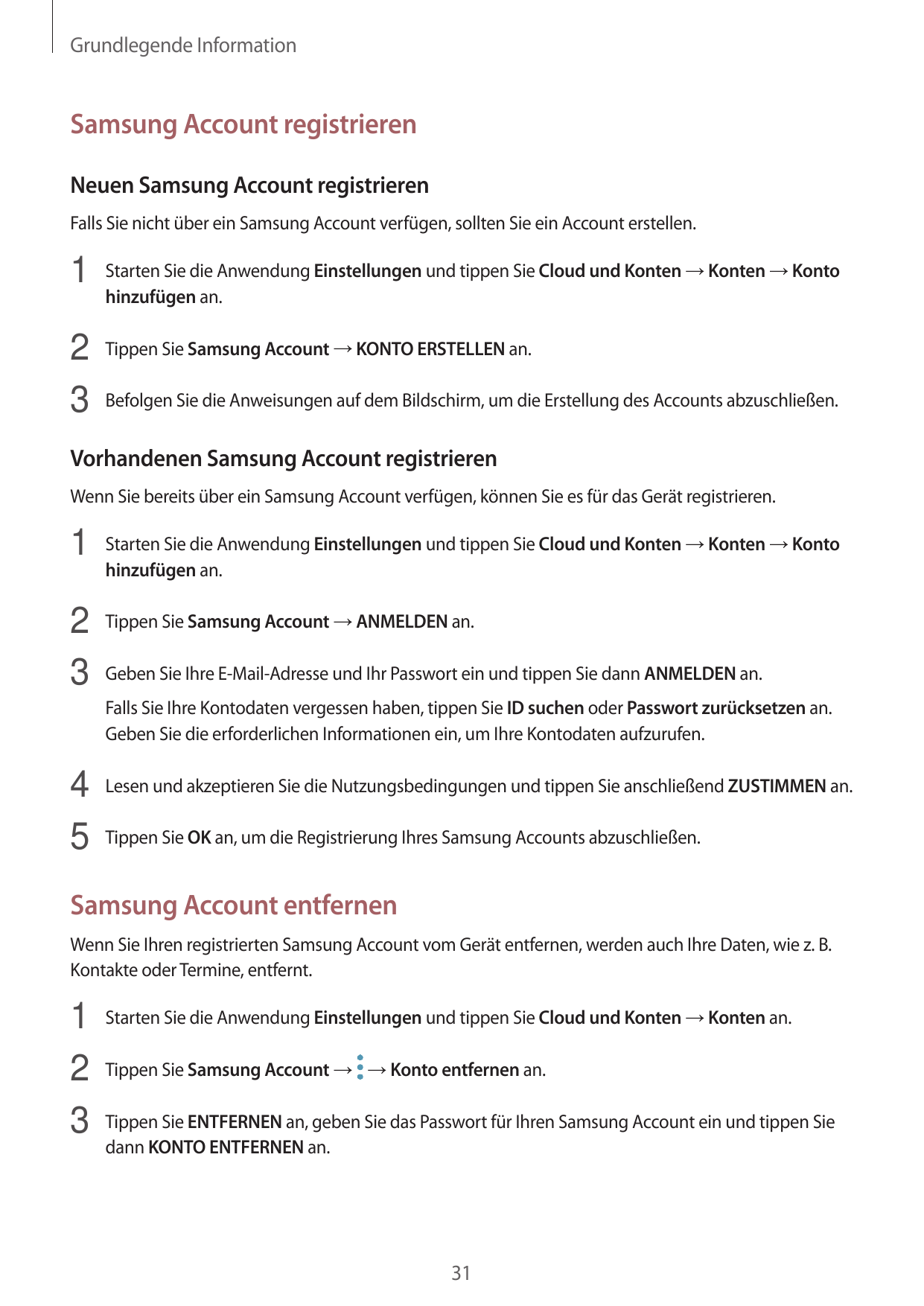 Grundlegende InformationSamsung Account registrierenNeuen Samsung Account registrierenFalls Sie nicht über ein Samsung Account v