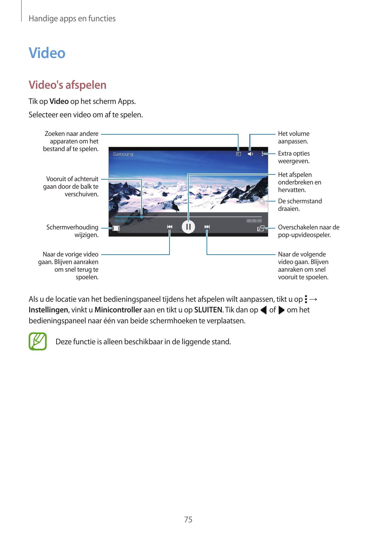 Handige apps en functiesVideoVideo's afspelenTik op Video op het scherm Apps.Selecteer een video om af te spelen.Het volumeaanpa