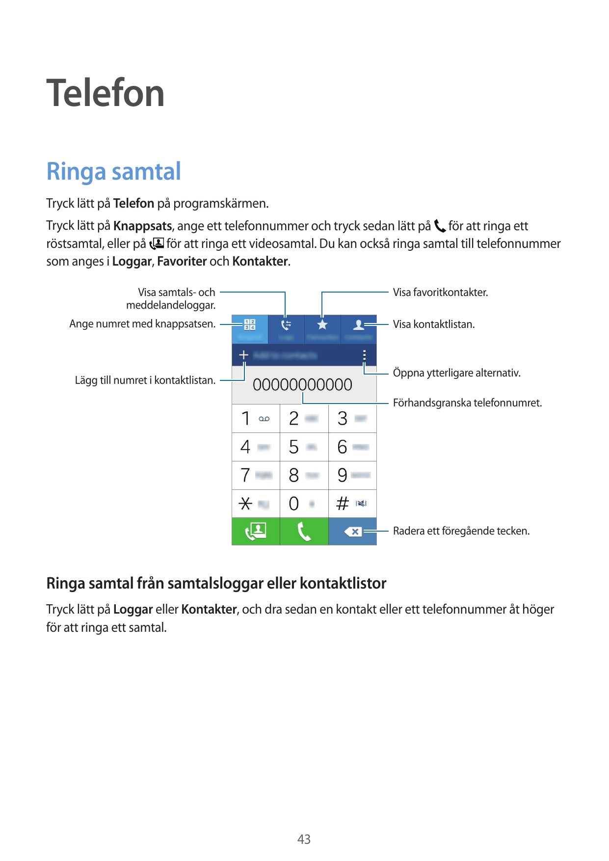 TelefonRinga samtalTryck lätt på Telefon på programskärmen.Tryck lätt på Knappsats, ange ett telefonnummer och tryck sedan lätt 