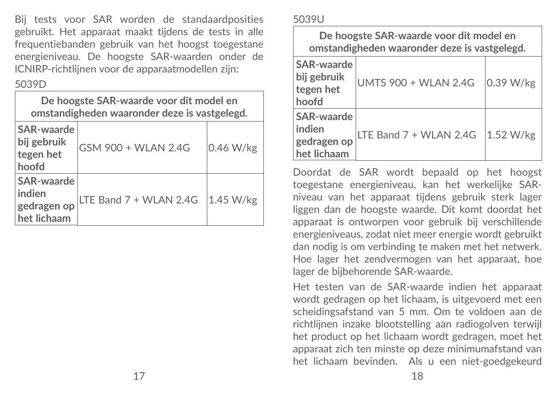 Bij tests voor SAR worden de standaardpositiesgebruikt. Het apparaat maakt tijdens de tests in allefrequentiebanden gebruik van 