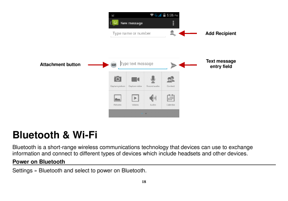 Add RecipientText messageentry fieldAttachment buttonBluetooth & Wi-FiBluetooth is a short-range wireless communications technol