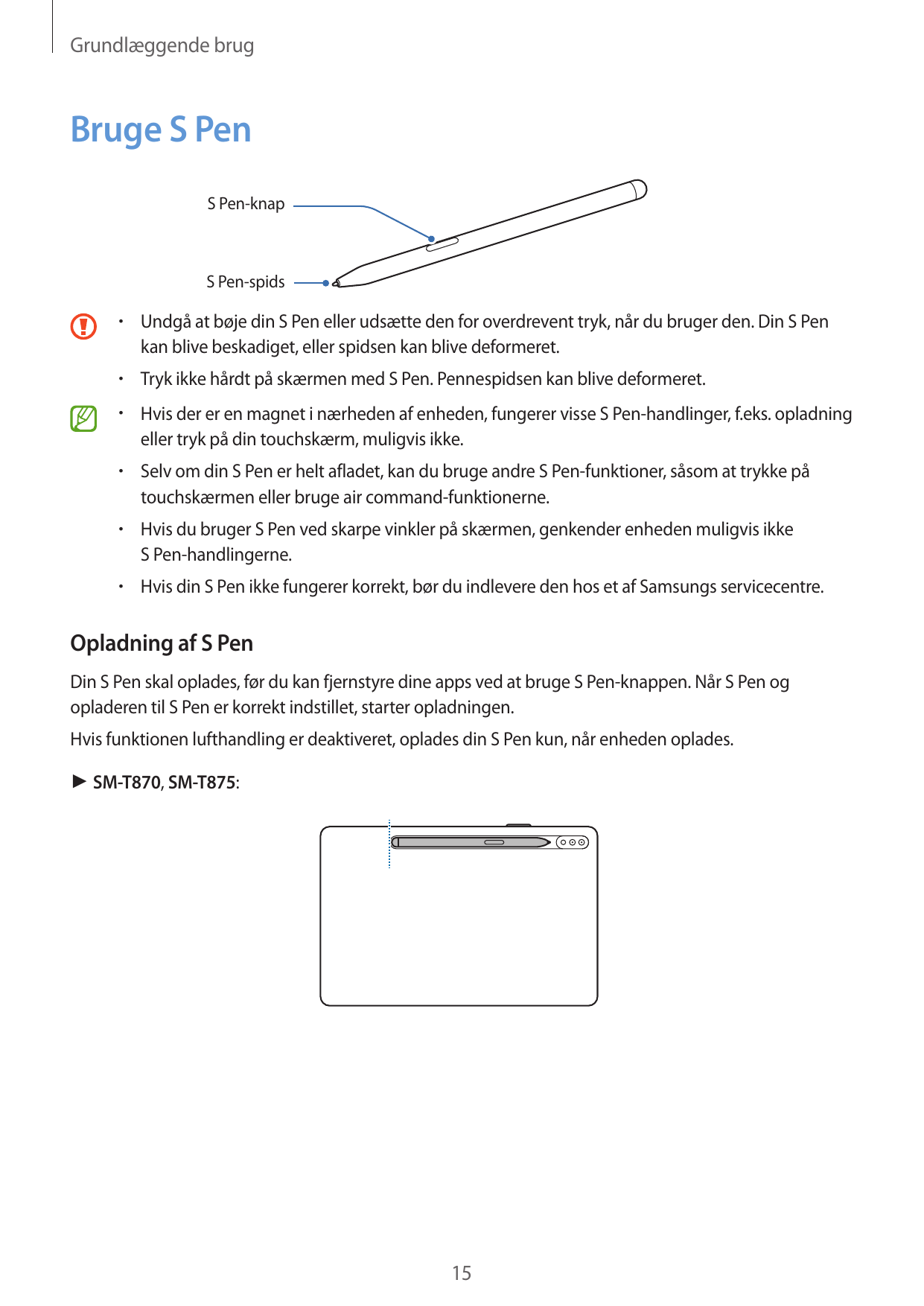 Grundlæggende brugBruge S PenS Pen-knapS Pen-spids•  Undgå at bøje din S Pen eller udsætte den for overdrevent tryk, når du brug