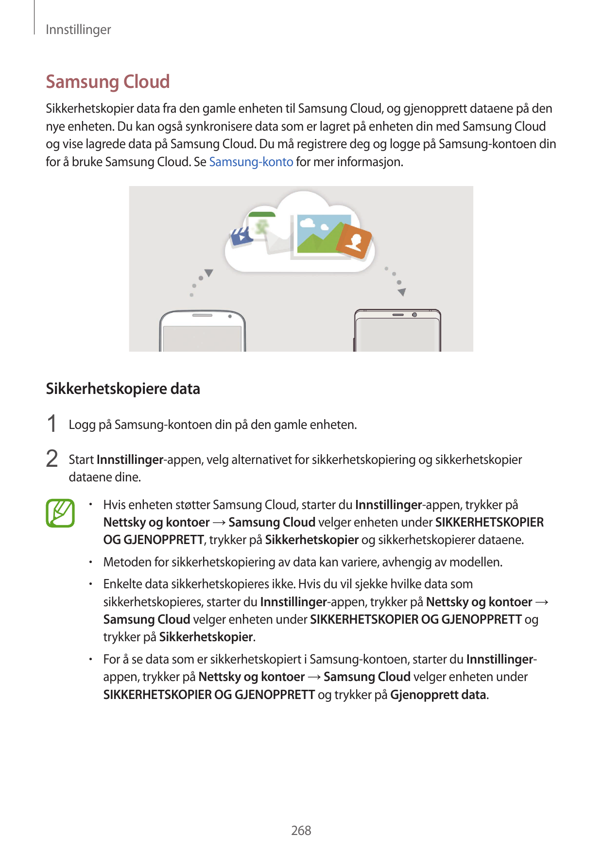 InnstillingerSamsung CloudSikkerhetskopier data fra den gamle enheten til Samsung Cloud, og gjenopprett dataene på dennye enhete