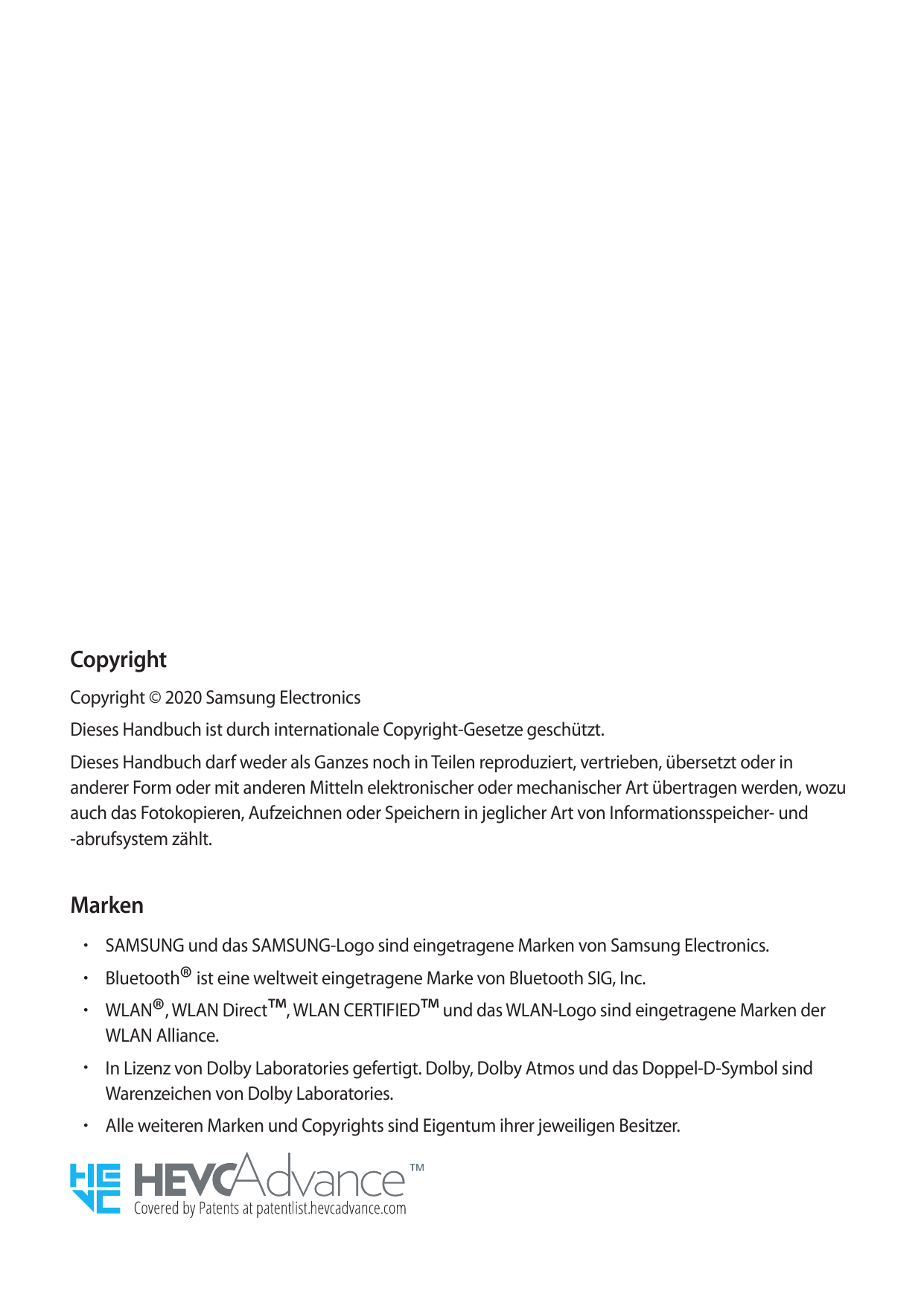 CopyrightCopyright © 2020 Samsung ElectronicsDieses Handbuch ist durch internationale Copyright-Gesetze geschützt.Dieses Handbuc
