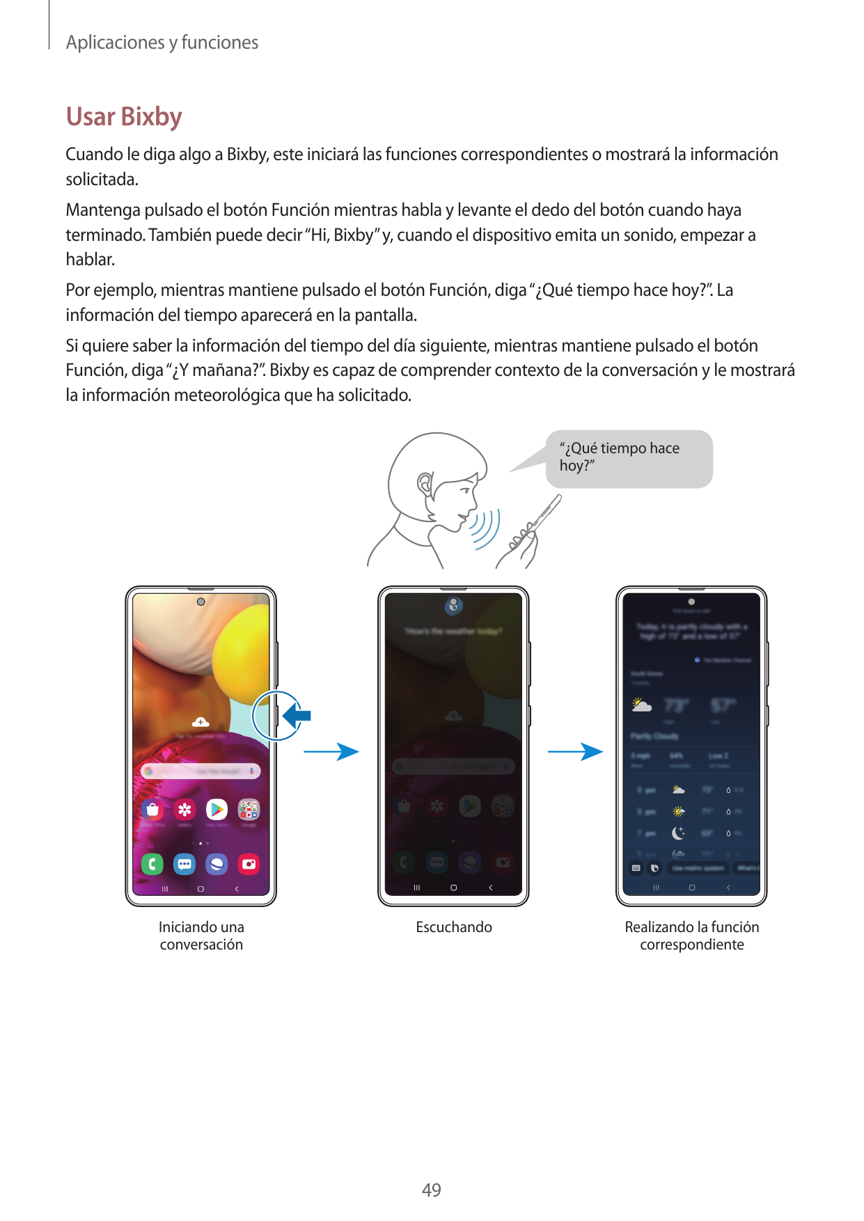 Aplicaciones y funcionesUsar BixbyCuando le diga algo a Bixby, este iniciará las funciones correspondientes o mostrará la inform