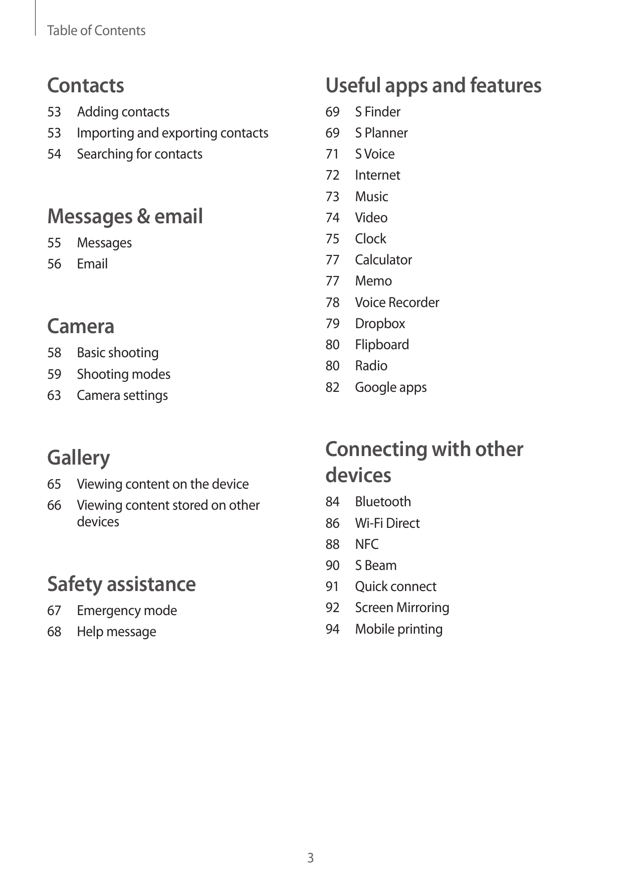 Table of ContentsContactsUseful apps and features53 Adding contacts53 Importing and exporting contacts54 Searching for contacts6